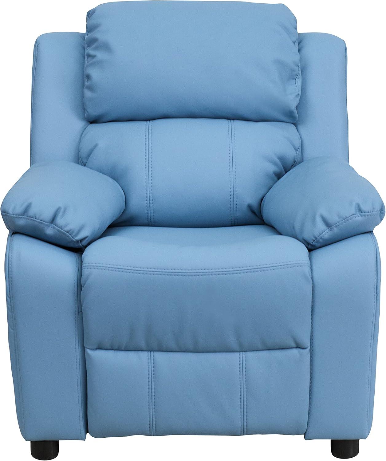 imageFlash Furniture Charlie Microfiber Kids Recliner with FlipUp Storage Arms and Safety Recline Contemporary Reclining Chair for Kids Supports up to 90 lbs PurpleLight Blue Vinyl