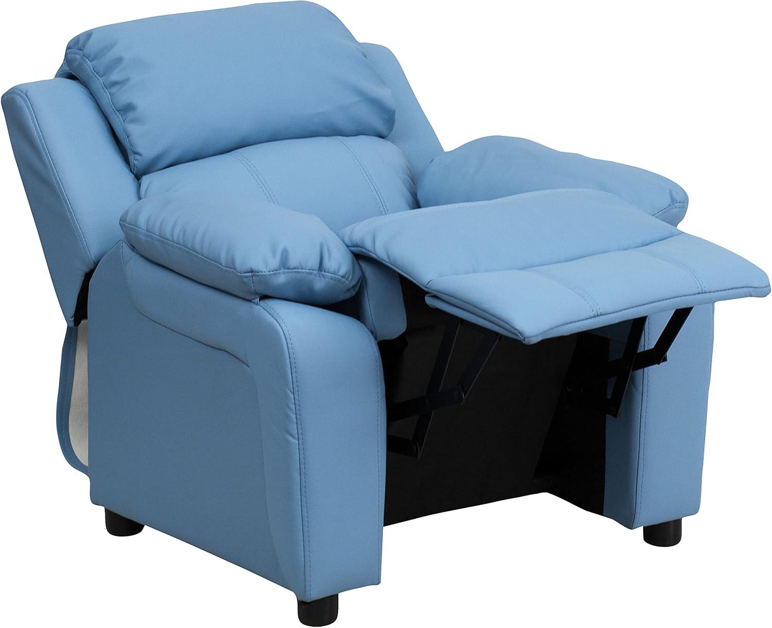 imageFlash Furniture Charlie Microfiber Kids Recliner with FlipUp Storage Arms and Safety Recline Contemporary Reclining Chair for Kids Supports up to 90 lbs PurpleLight Blue Vinyl