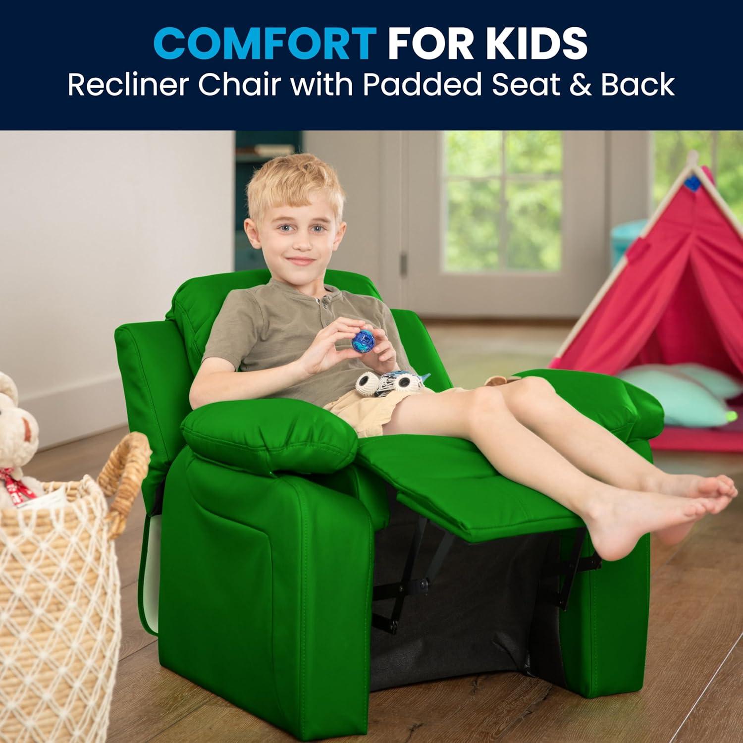 imageFlash Furniture Charlie Microfiber Kids Recliner with FlipUp Storage Arms and Safety Recline Contemporary Reclining Chair for Kids Supports up to 90 lbs PurpleGreen Vinyl