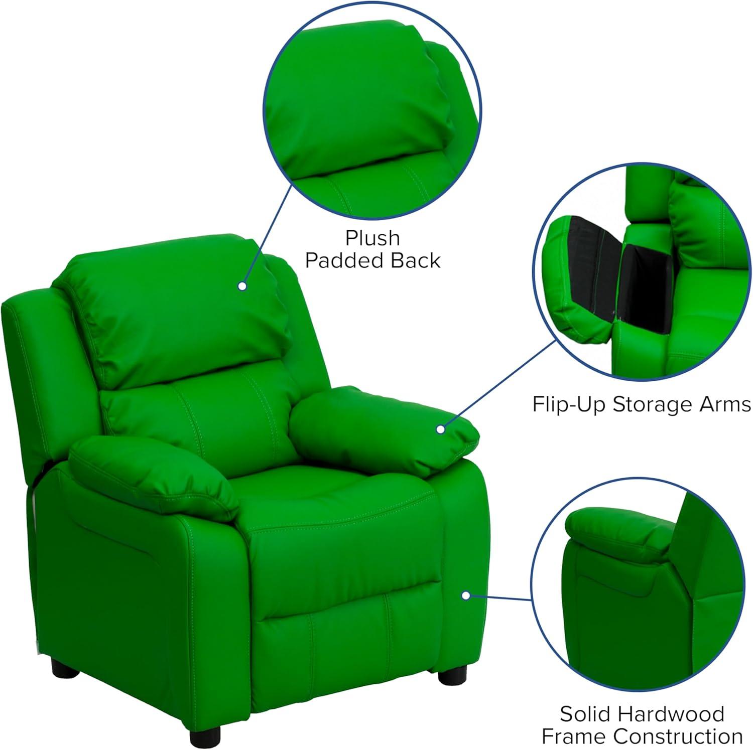 imageFlash Furniture Charlie Microfiber Kids Recliner with FlipUp Storage Arms and Safety Recline Contemporary Reclining Chair for Kids Supports up to 90 lbs PurpleGreen Vinyl