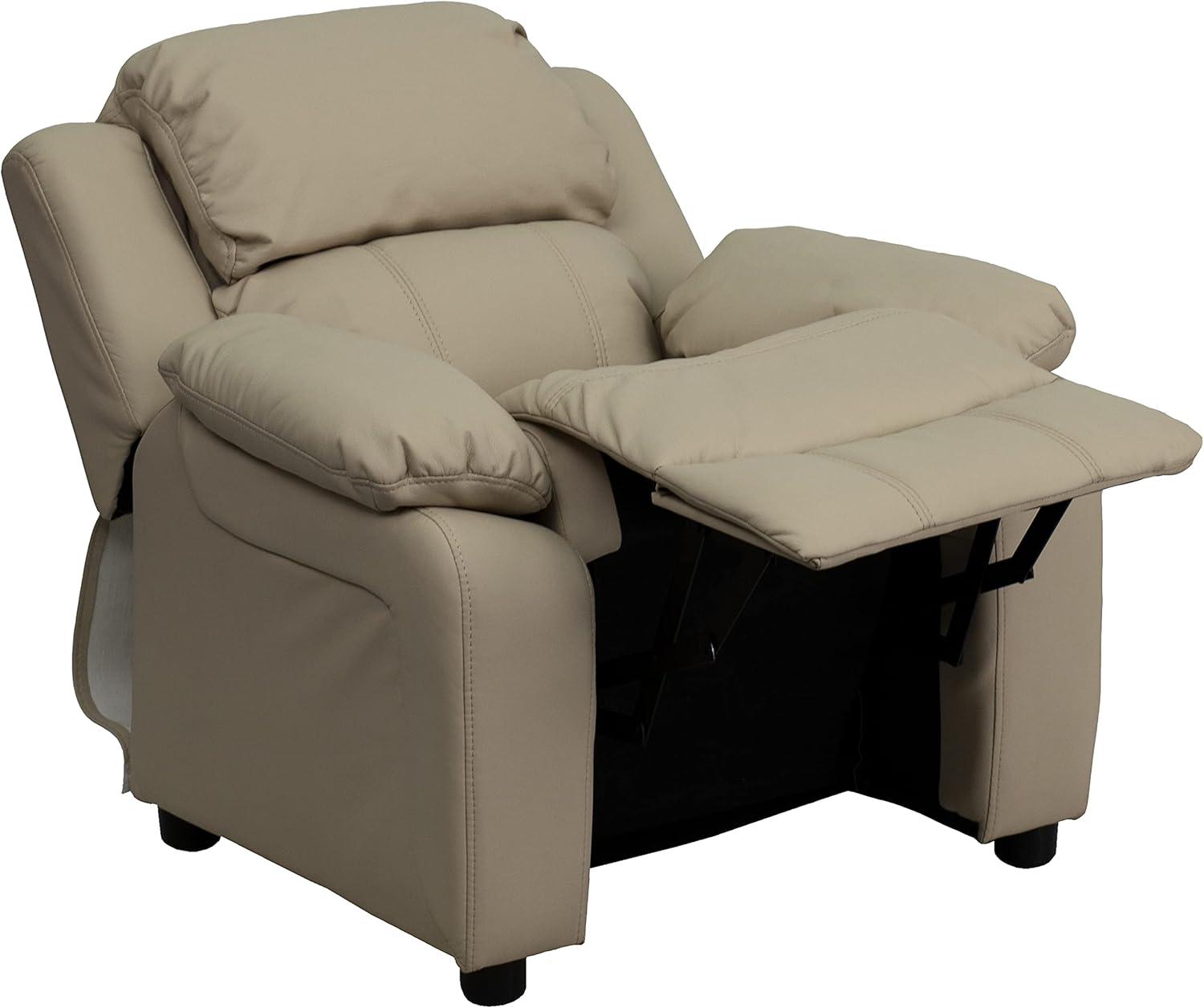 imageFlash Furniture Charlie Microfiber Kids Recliner with FlipUp Storage Arms and Safety Recline Contemporary Reclining Chair for Kids Supports up to 90 lbs PurpleBeige Vinyl