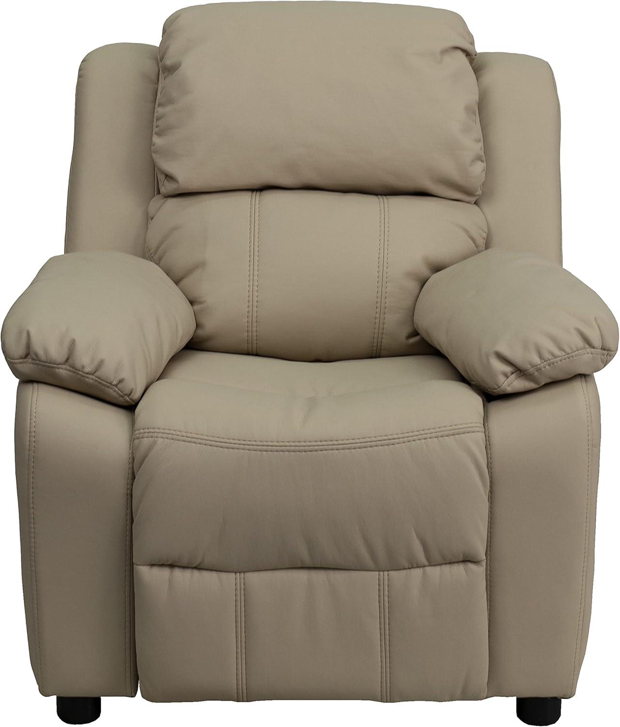 imageFlash Furniture Charlie Microfiber Kids Recliner with FlipUp Storage Arms and Safety Recline Contemporary Reclining Chair for Kids Supports up to 90 lbs PurpleBeige Vinyl