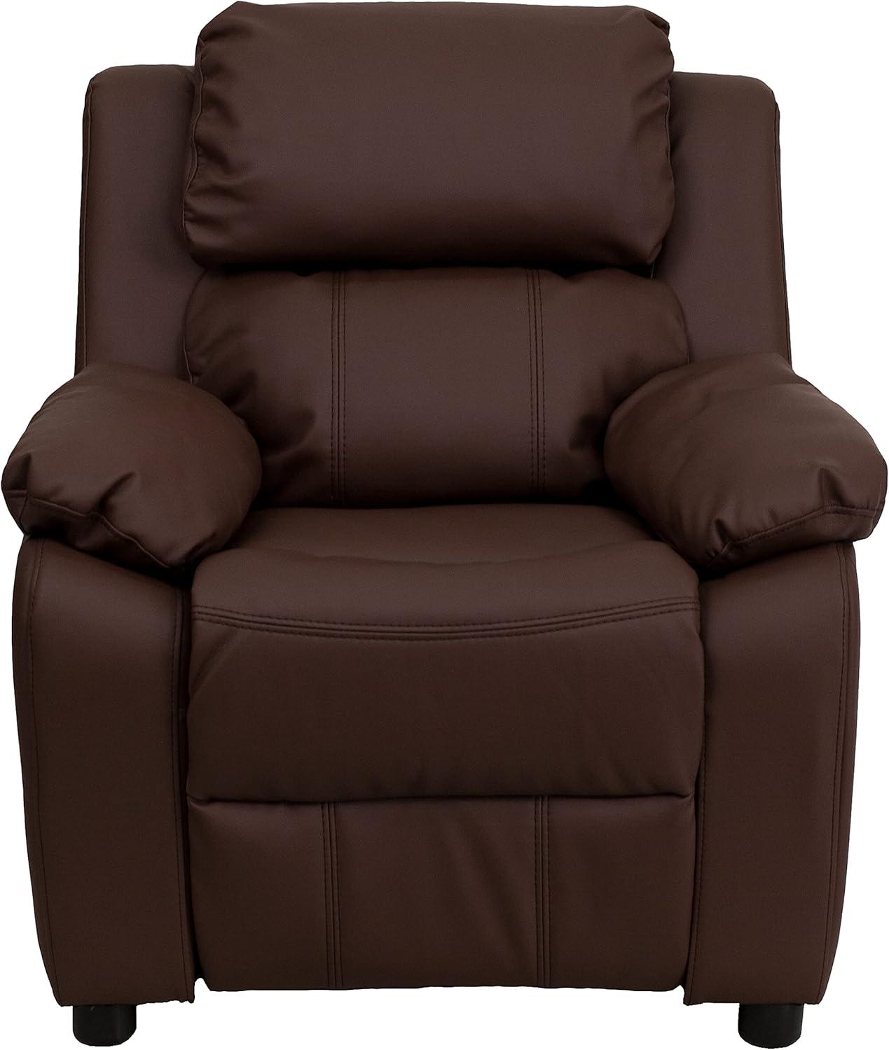 imageFlash Furniture Charlie Microfiber Kids Recliner with FlipUp Storage Arms and Safety Recline Contemporary Reclining Chair for Kids Supports up to 90 lbs PurpleBrown Leathersoft