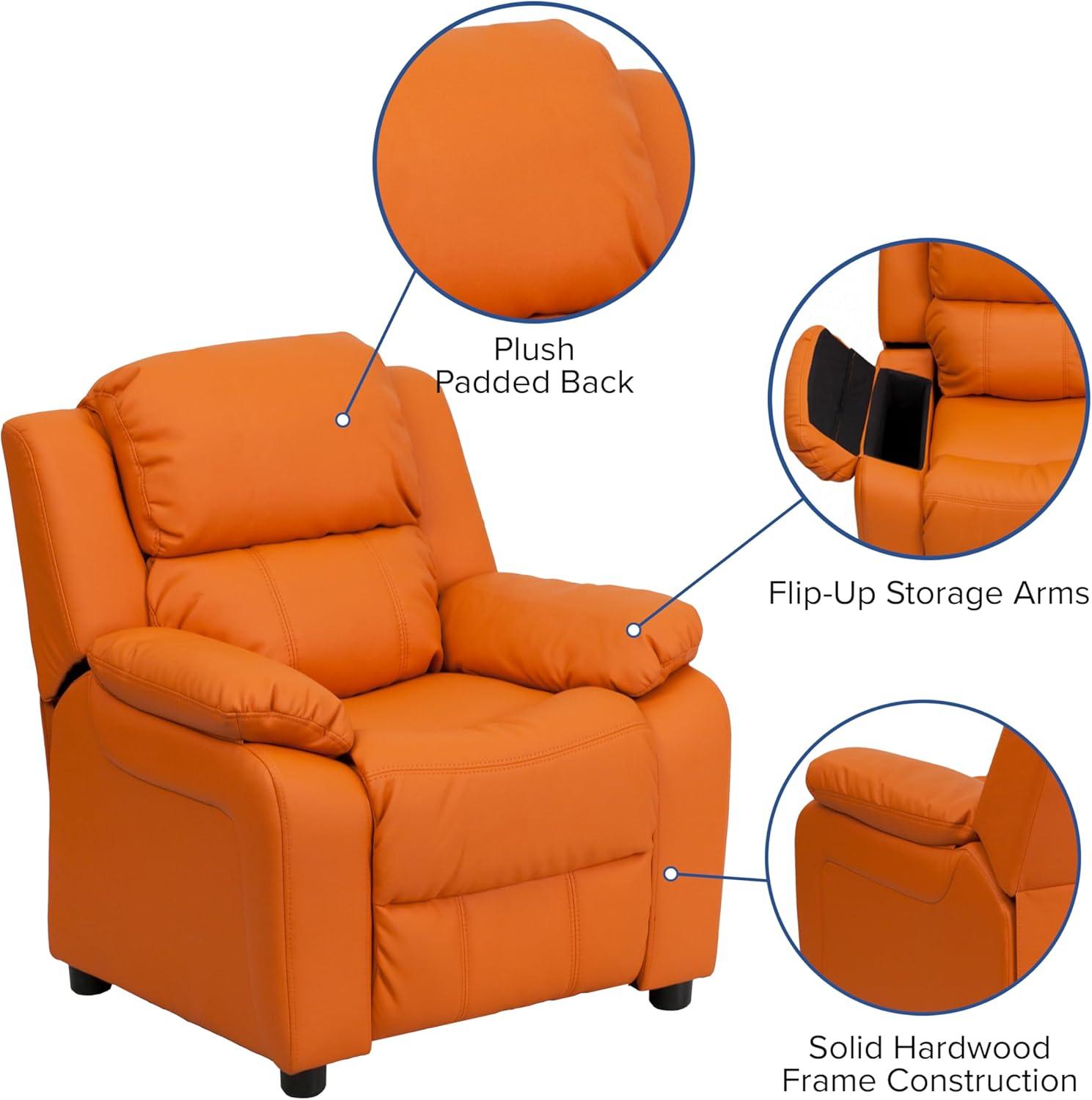 imageFlash Furniture Charlie Microfiber Kids Recliner with FlipUp Storage Arms and Safety Recline Contemporary Reclining Chair for Kids Supports up to 90 lbs PurpleOrange Vinyl