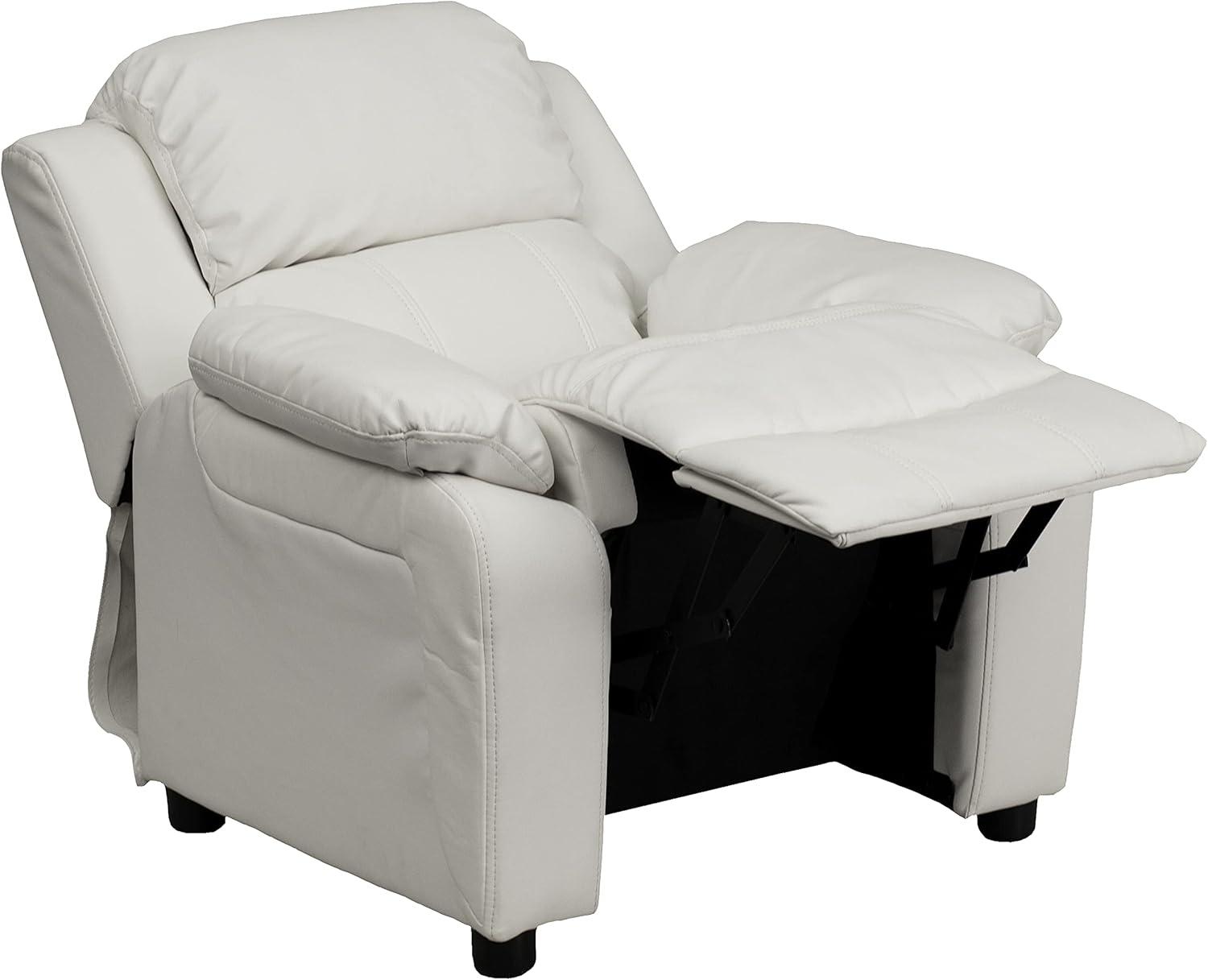 imageFlash Furniture Charlie Microfiber Kids Recliner with FlipUp Storage Arms and Safety Recline Contemporary Reclining Chair for Kids Supports up to 90 lbs PurpleWhite Vinyl