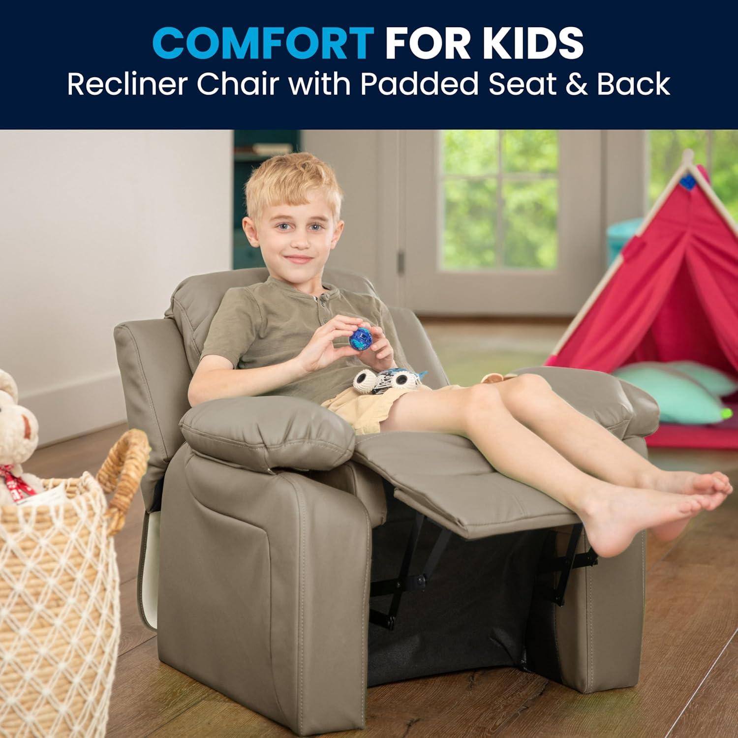imageFlash Furniture Charlie Microfiber Kids Recliner with FlipUp Storage Arms and Safety Recline Contemporary Reclining Chair for Kids Supports up to 90 lbs PurpleBeige Vinyl