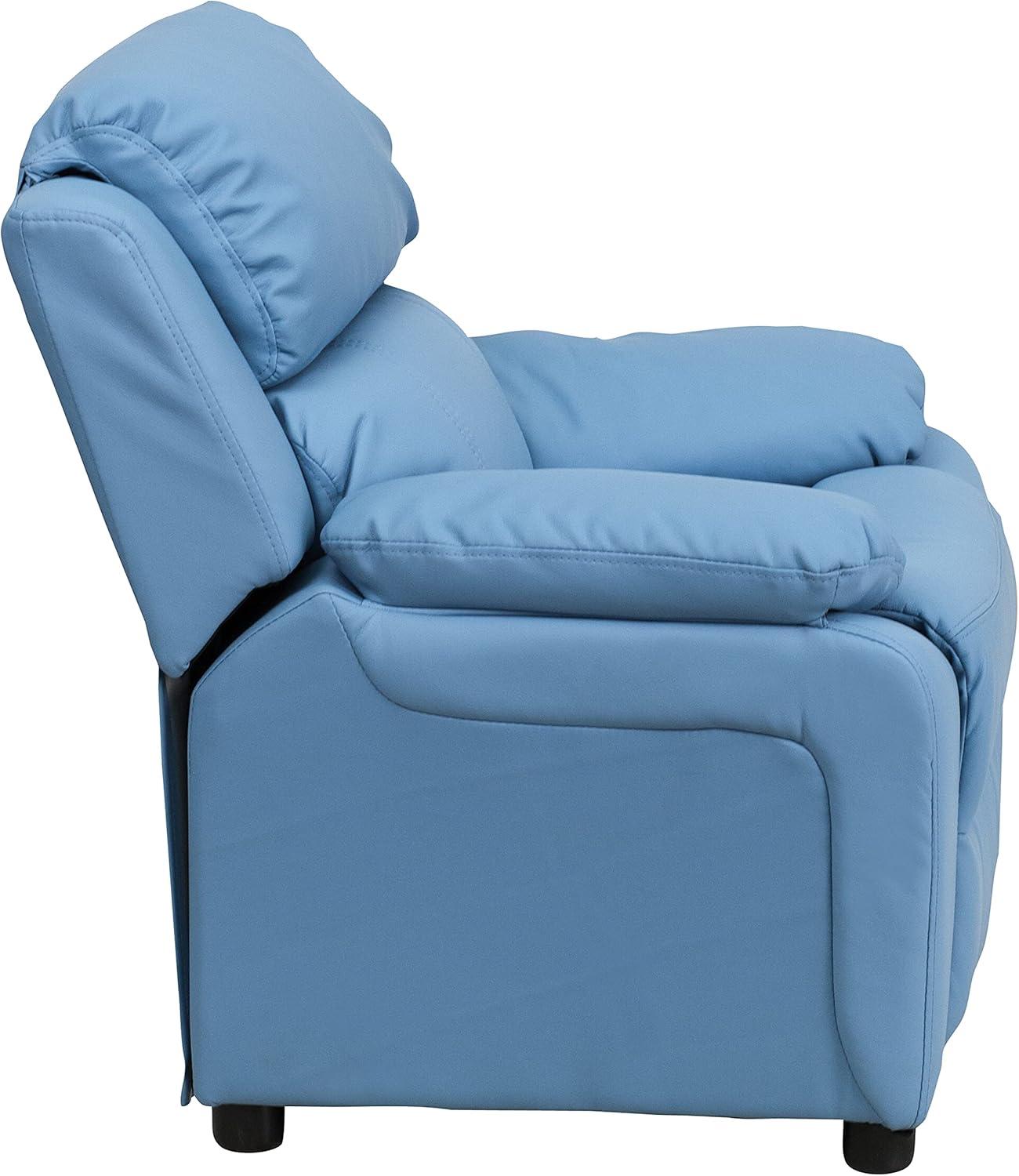 imageFlash Furniture Charlie Microfiber Kids Recliner with FlipUp Storage Arms and Safety Recline Contemporary Reclining Chair for Kids Supports up to 90 lbs PurpleLight Blue Vinyl