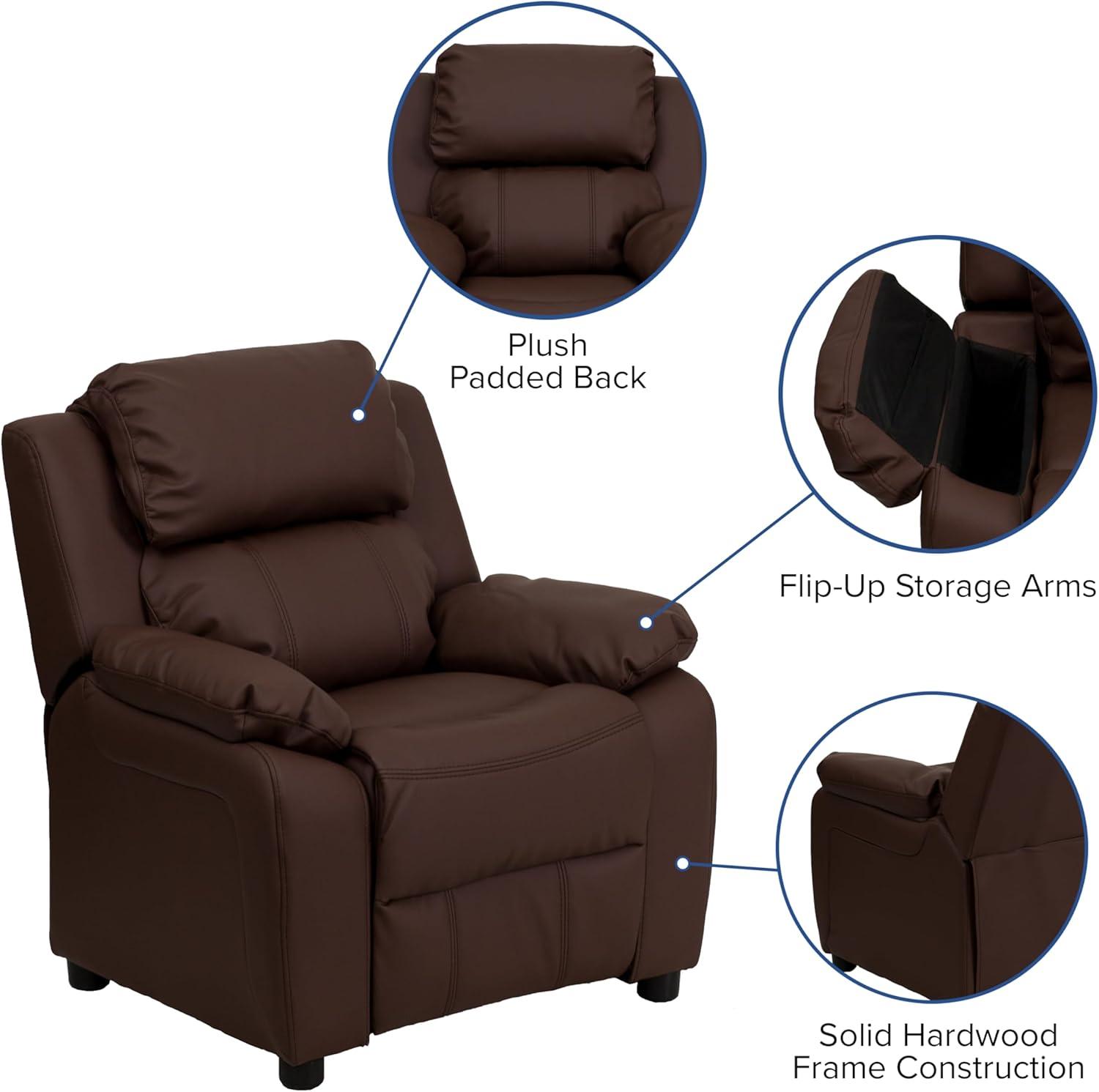 imageFlash Furniture Charlie Microfiber Kids Recliner with FlipUp Storage Arms and Safety Recline Contemporary Reclining Chair for Kids Supports up to 90 lbs PurpleBrown Leathersoft