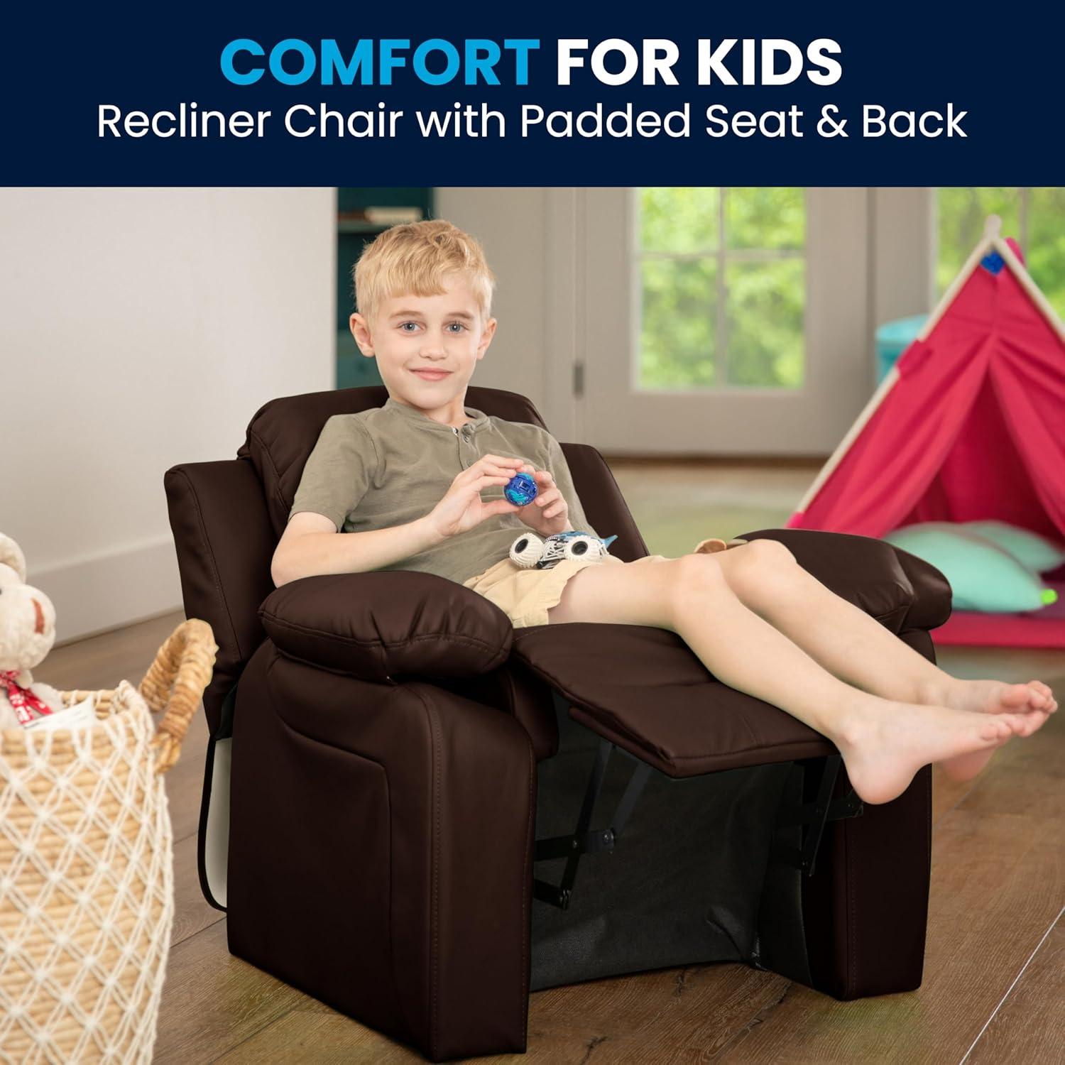 imageFlash Furniture Charlie Microfiber Kids Recliner with FlipUp Storage Arms and Safety Recline Contemporary Reclining Chair for Kids Supports up to 90 lbs PurpleBrown Leathersoft