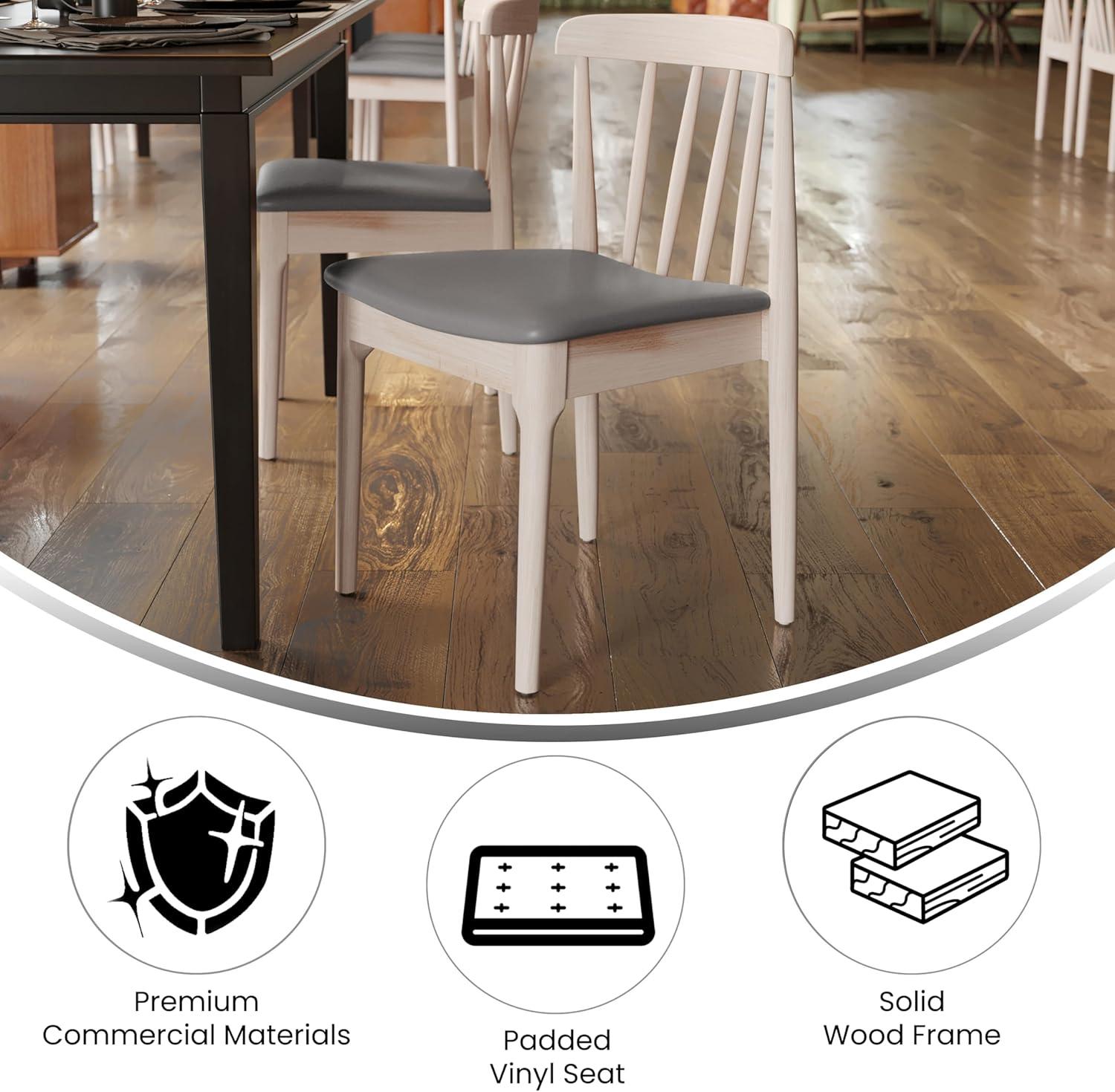 imageFlash Furniture Chester Solid Wood Dining Chair Commercial Grade Restaurant Chair with Curved Spindle Backrest and Vinyl Padded Seat Antique WhiteBeigeBrown Vinyl SeatAntique White Wood Frame