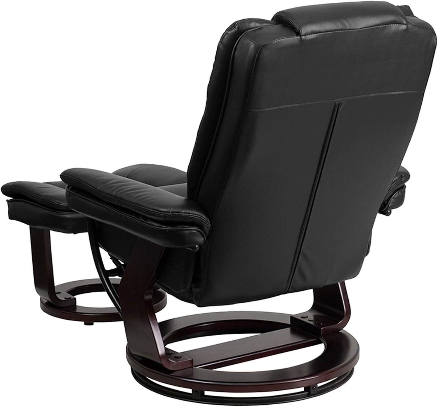 imageFlash Furniture Contemporary MultiPosition Recliner with Horizontal Stitching and Ottoman with Swivel Mahogany Wood Base in Black Leather