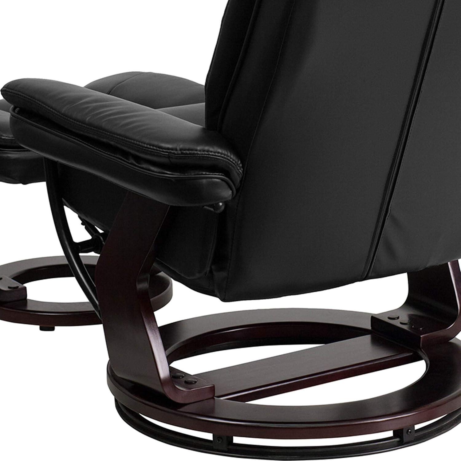imageFlash Furniture Contemporary MultiPosition Recliner with Horizontal Stitching and Ottoman with Swivel Mahogany Wood Base in Black Leather
