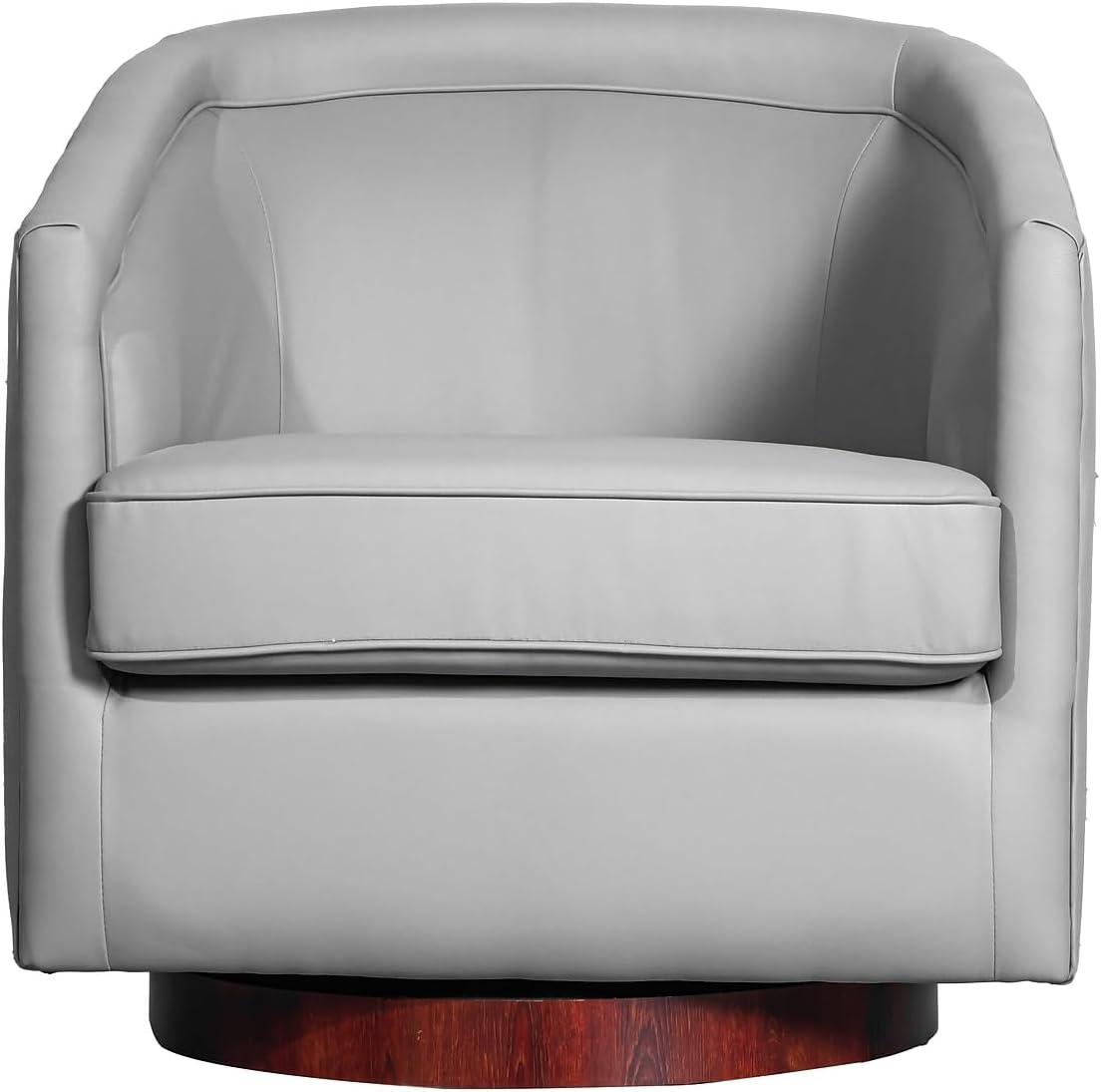 imageFlash Furniture Dean Upholstered Barrel Chair Commercial 360 Swivel Club Style Chair Sloped Armrests Woodgrain Vinyl Wrapped Metal Base Gray FabricGray Leathersoft