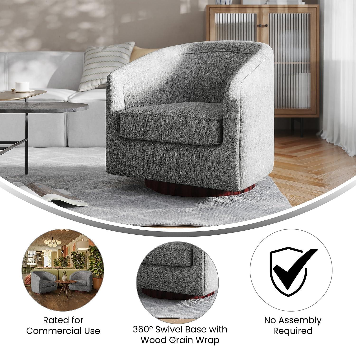 imageFlash Furniture Dean Upholstered Barrel Chair Commercial 360 Swivel Club Style Chair Sloped Armrests Woodgrain Vinyl Wrapped Metal Base Gray FabricGrey