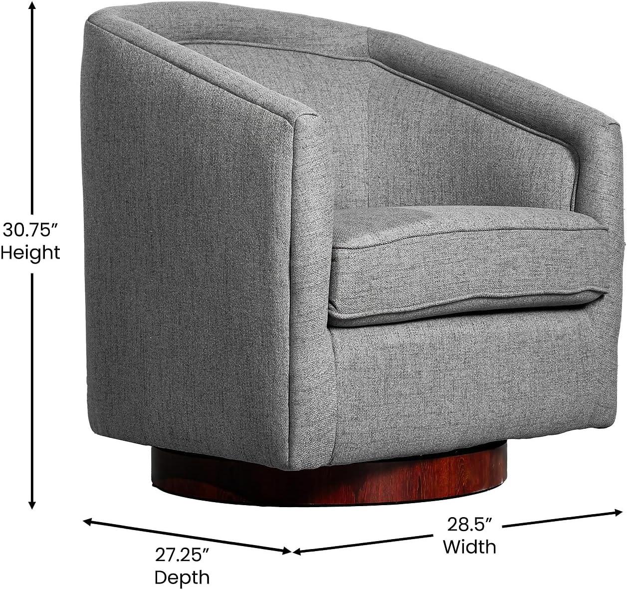 imageFlash Furniture Dean Upholstered Barrel Chair Commercial 360 Swivel Club Style Chair Sloped Armrests Woodgrain Vinyl Wrapped Metal Base Gray FabricGrey
