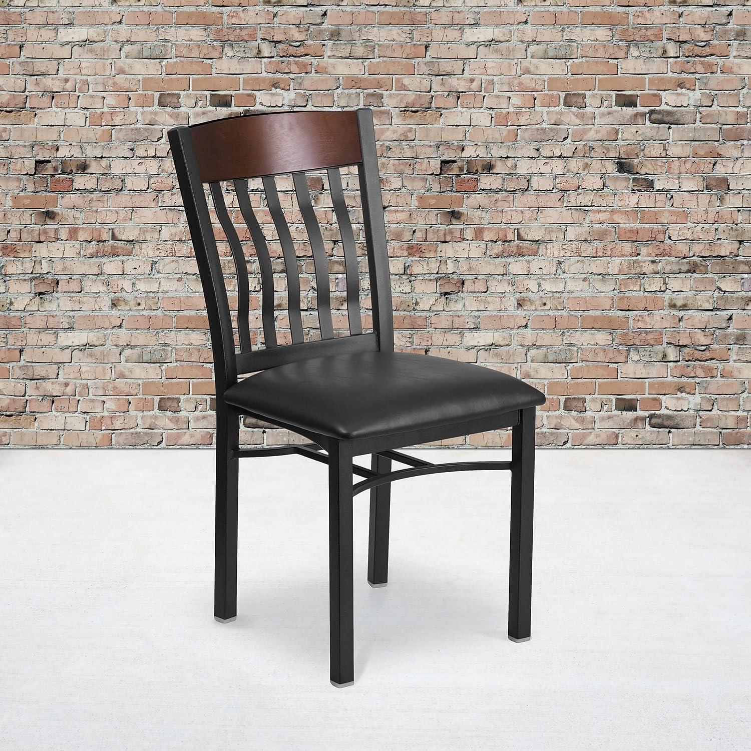 imageFlash Furniture Eclipse Series Vertical Back Black Metal and Walnut Wood Restaurant Chair with Black Vinyl SeatWalnut