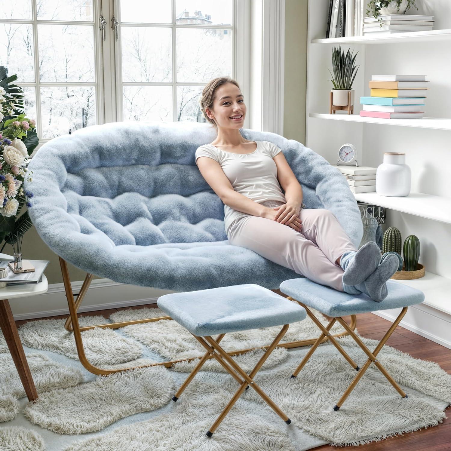 imageFlash Furniture Eleanor Portable Double Saucer Chair with 2 Ottomans Folding Steel Frames for Dorm or Bedroom 56quot Dusty Aqua Faux FurSoft Gold FrameAqua FabricSoft Gold Frame