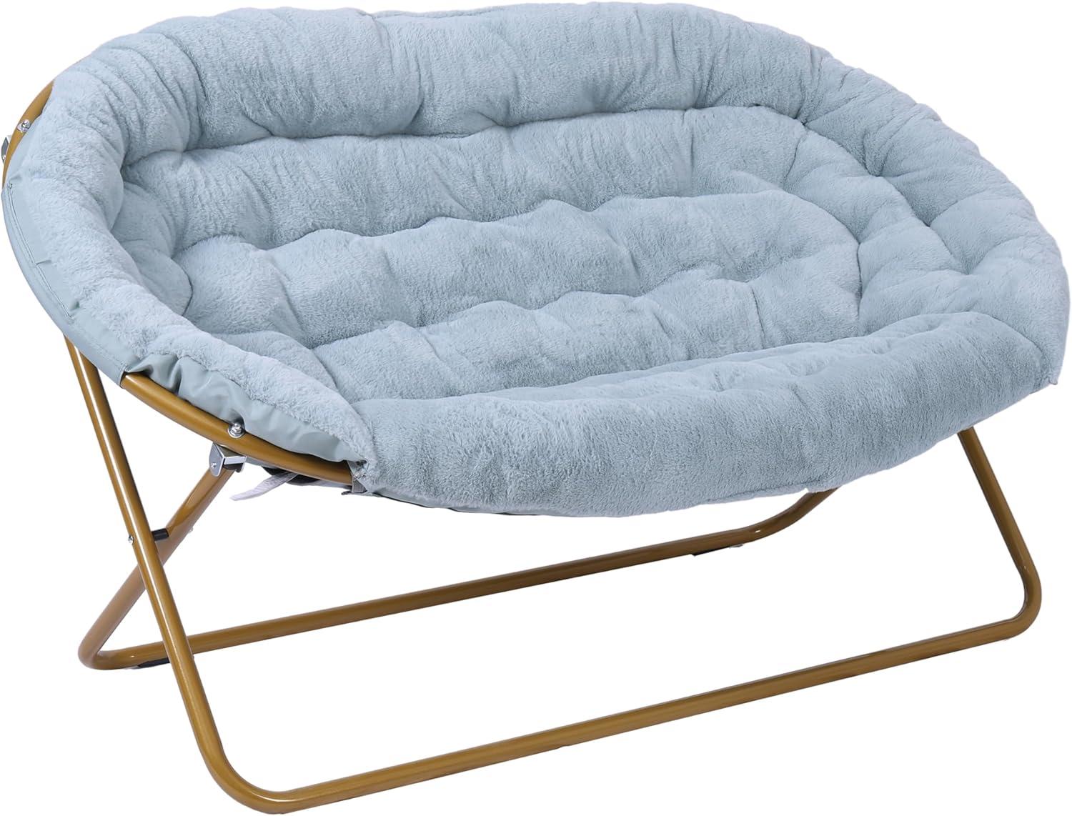 imageFlash Furniture Eleanor Portable Double Saucer Chair with 2 Ottomans Folding Steel Frames for Dorm or Bedroom 56quot Dusty Aqua Faux FurSoft Gold FrameAqua FabricSoft Gold Frame