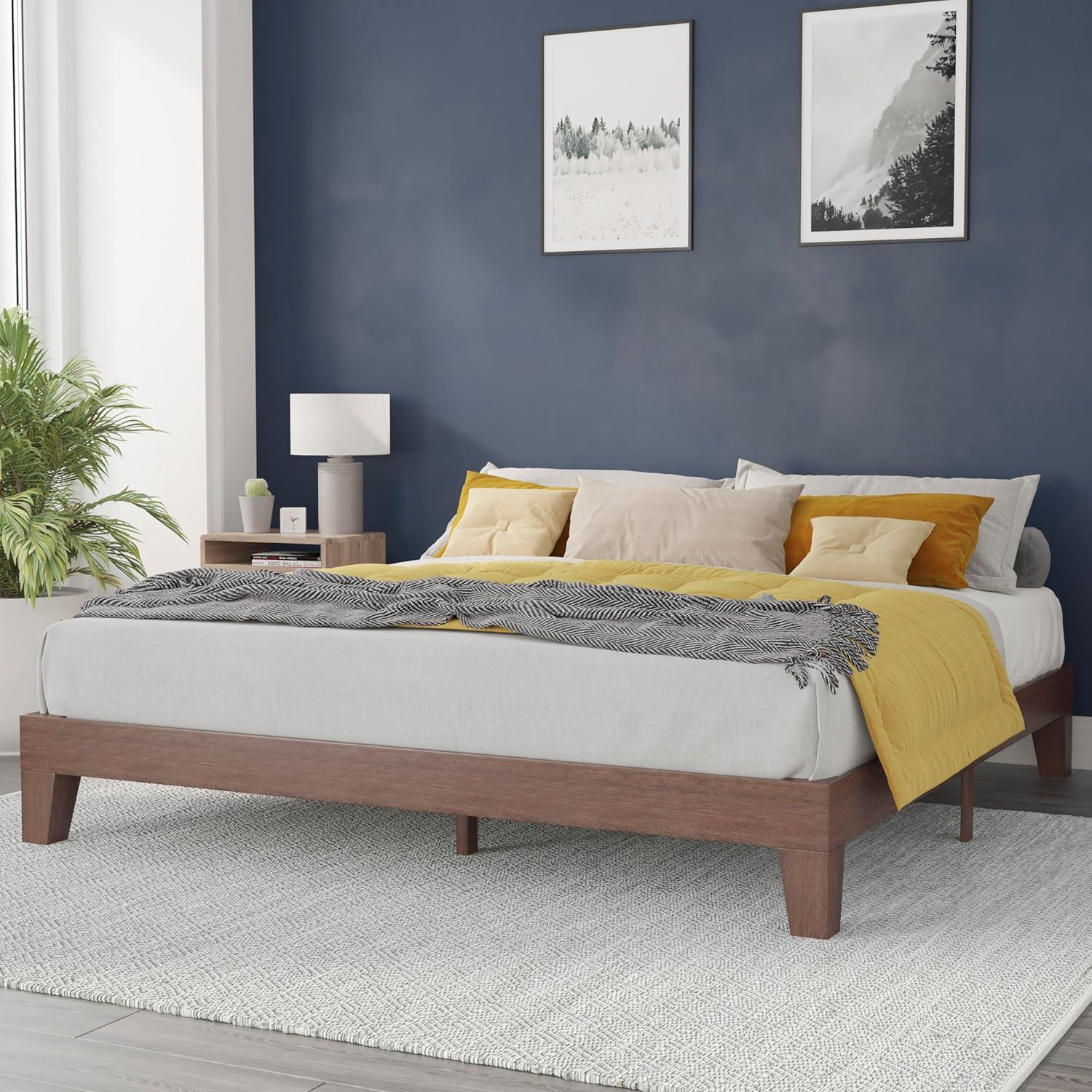 imageFlash Furniture Evelyn Wooden Platform Bed Natural Pine Finish Queen Wooden Slat Support No Box Spring Required Easy AssemblyWalnut