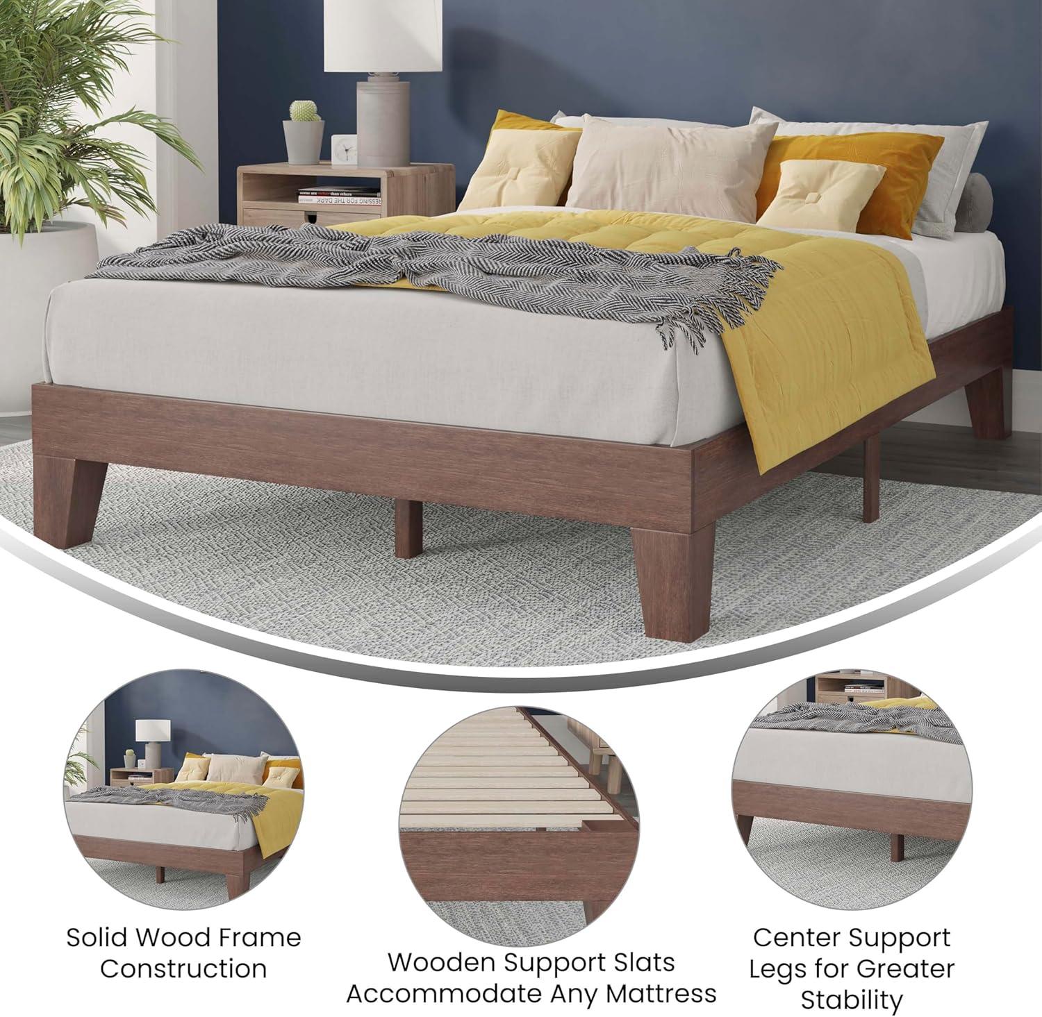 imageFlash Furniture Evelyn Wooden Platform Bed Natural Pine Finish Queen Wooden Slat Support No Box Spring Required Easy AssemblyWalnut