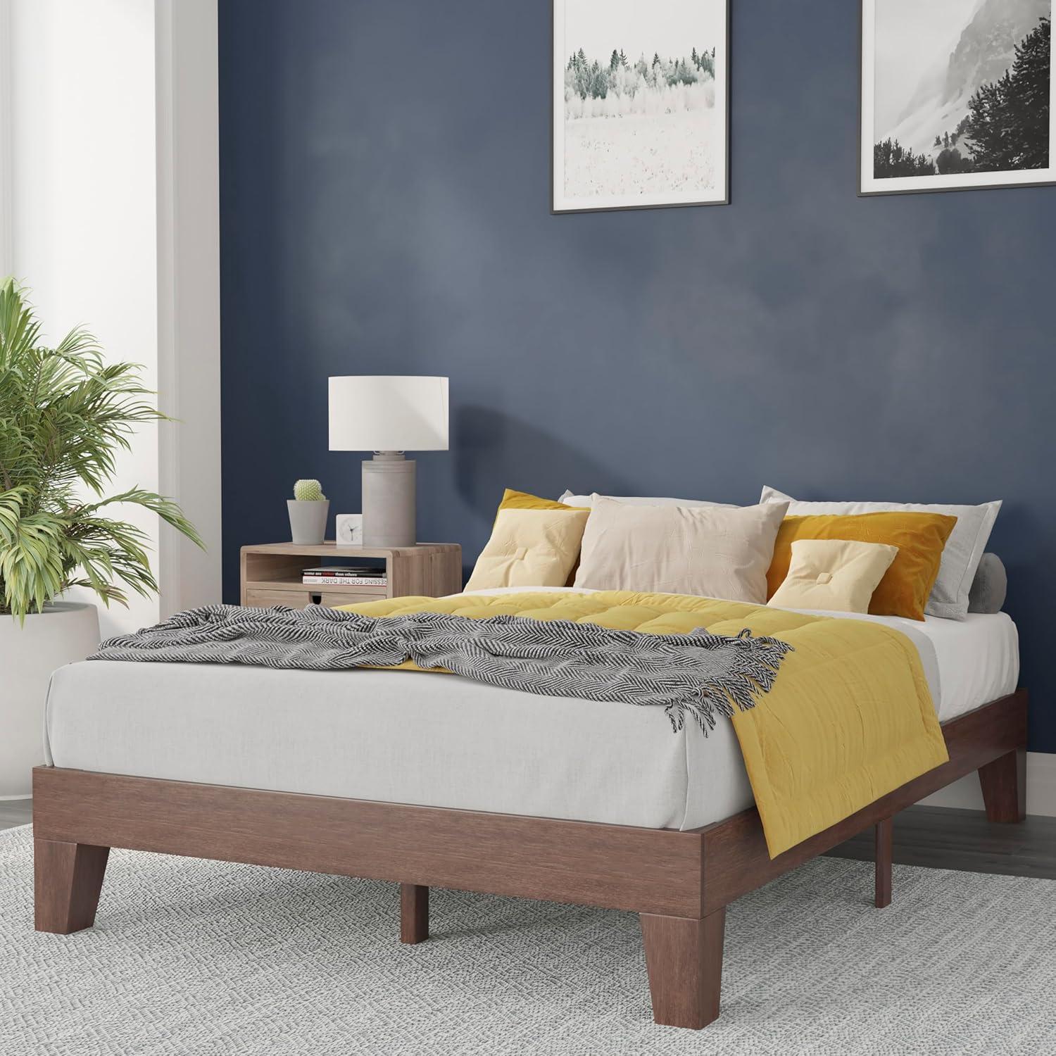 imageFlash Furniture Evelyn Wooden Platform Bed Natural Pine Finish Queen Wooden Slat Support No Box Spring Required Easy AssemblyWalnut