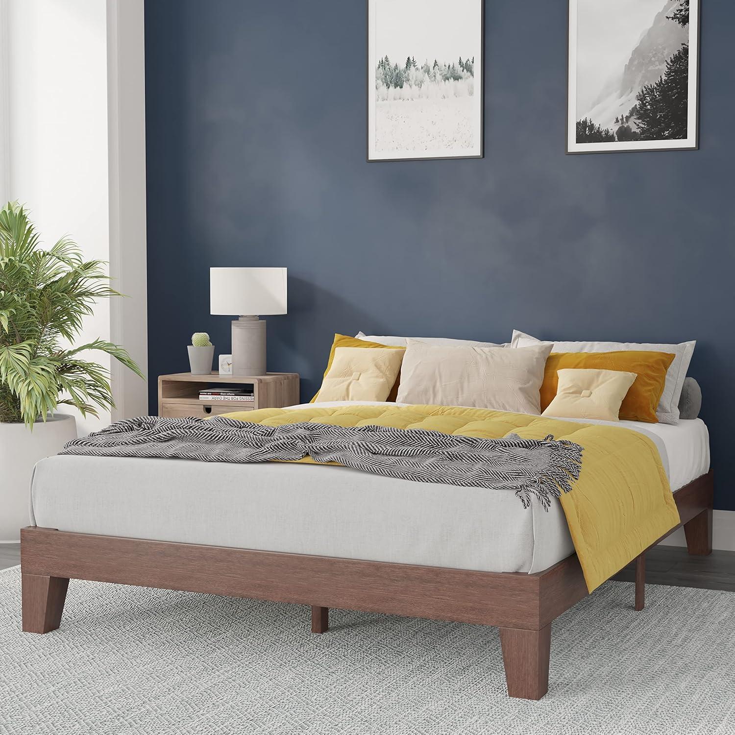 imageFlash Furniture Evelyn Wooden Platform Bed Natural Pine Finish Queen Wooden Slat Support No Box Spring Required Easy AssemblyWalnut
