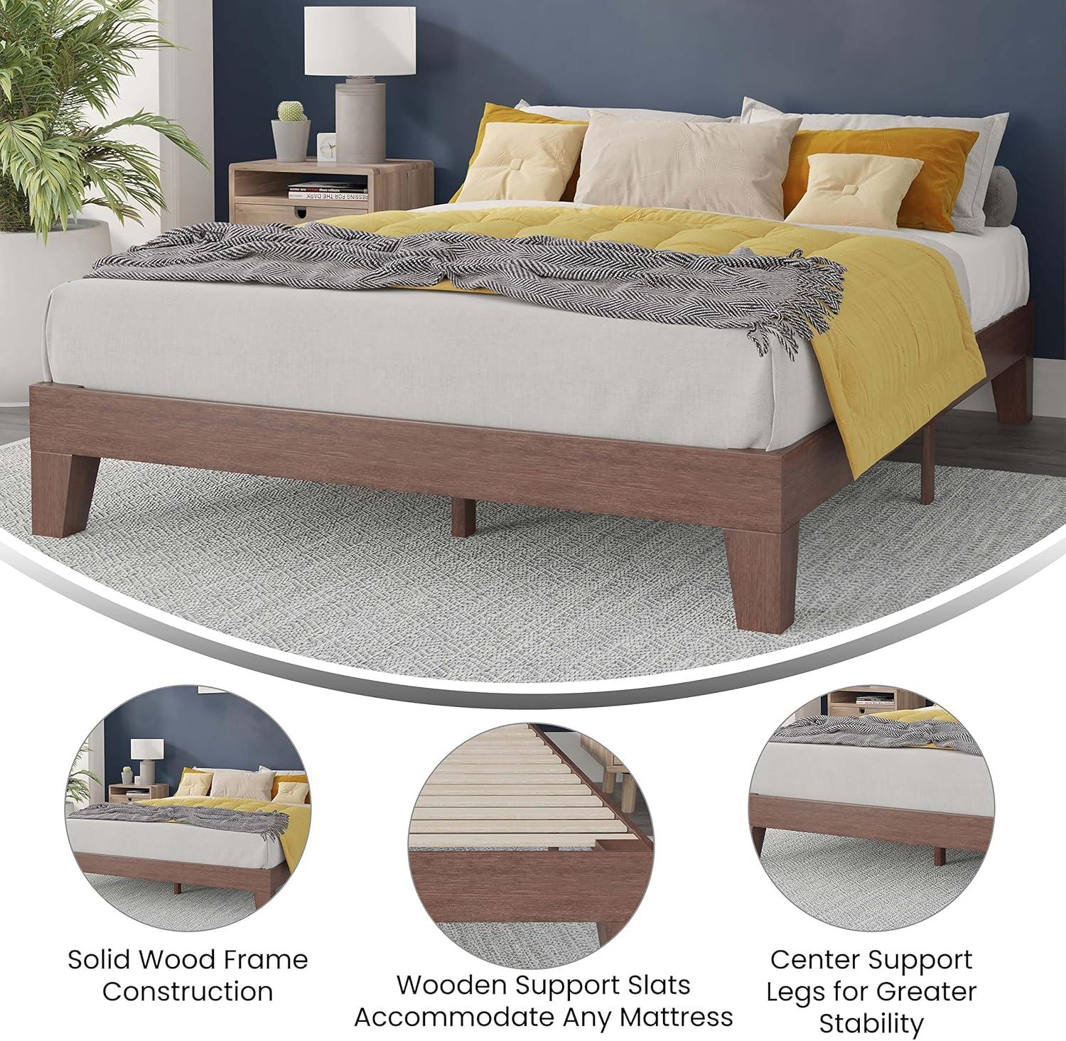 imageFlash Furniture Evelyn Wooden Platform Bed Natural Pine Finish Queen Wooden Slat Support No Box Spring Required Easy AssemblyWalnut