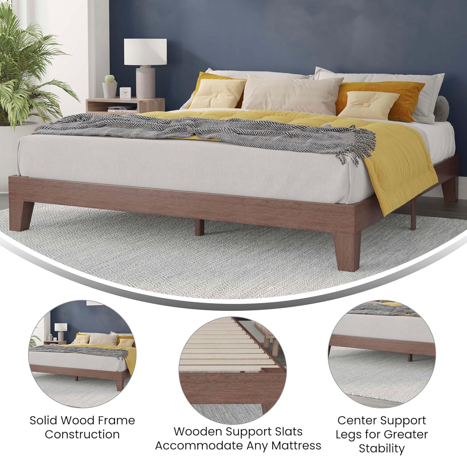 imageFlash Furniture Evelyn Wooden Platform Bed Natural Pine Finish Queen Wooden Slat Support No Box Spring Required Easy AssemblyWalnut