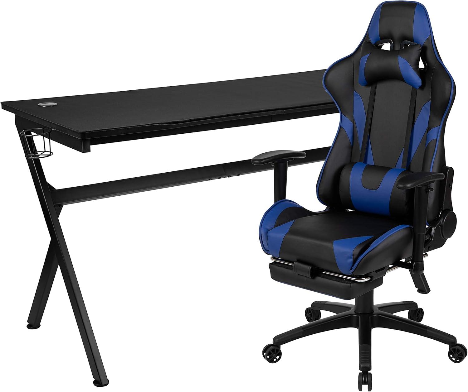 imageFlash Furniture Gaming Desk and Black Racing Chair SetCup HolderHeadphone HookRemovable Mouse Pad Top 2 Wire Management HolesBlue