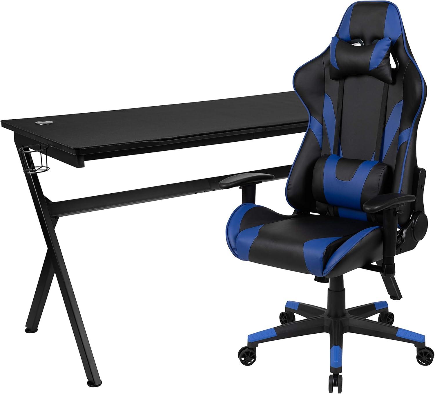 imageFlash Furniture Gaming Desk and Black Racing Chair SetCup HolderHeadphone HookRemovable Mouse Pad Top 2 Wire Management HolesBlue