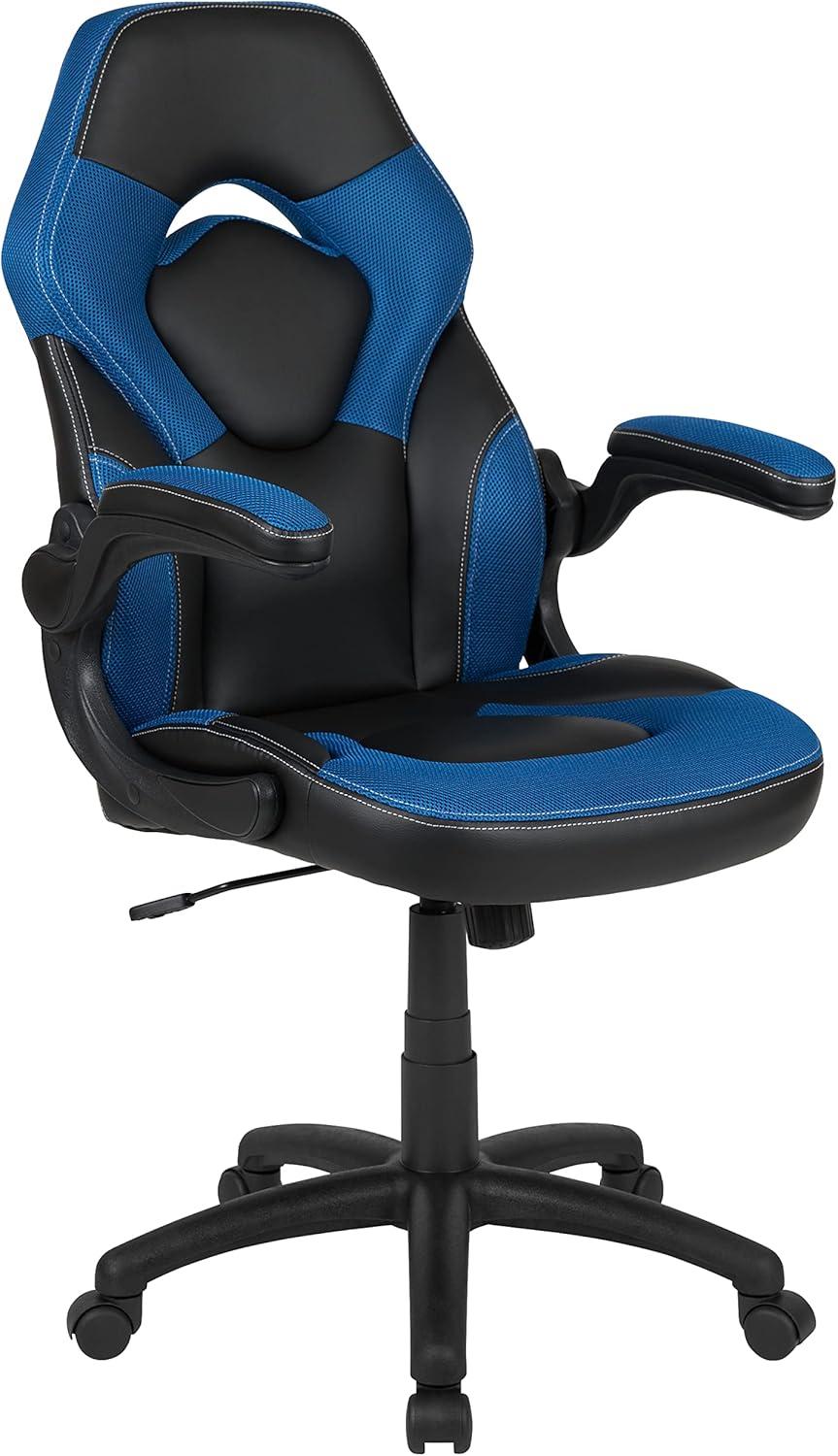 imageFlash Furniture Gaming Desk and Black Racing Chair SetCup HolderHeadphone HookRemovable Mouse Pad Top 2 Wire Management HolesBlue