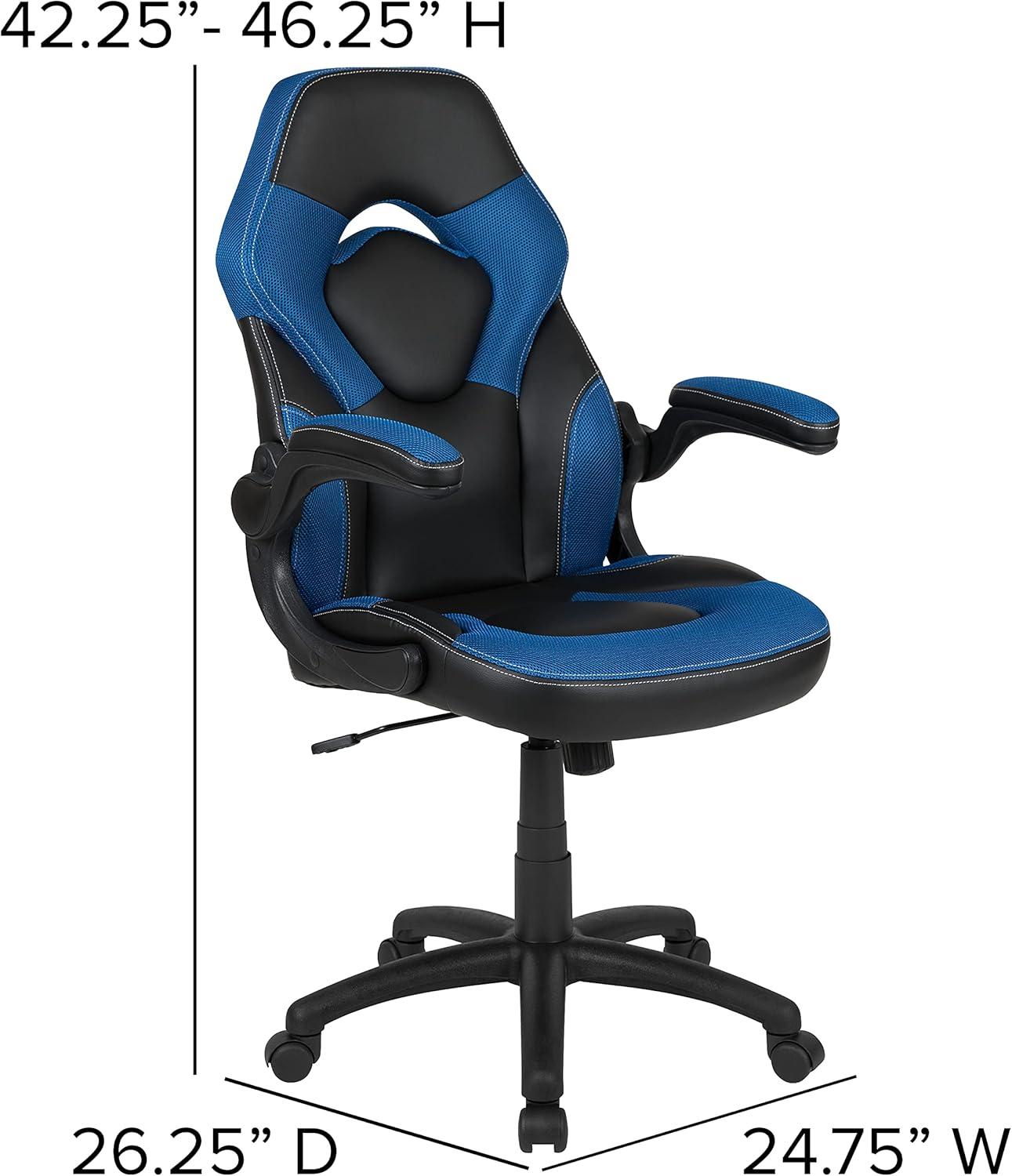 imageFlash Furniture Gaming Desk and Black Racing Chair SetCup HolderHeadphone HookRemovable Mouse Pad Top 2 Wire Management HolesBlue