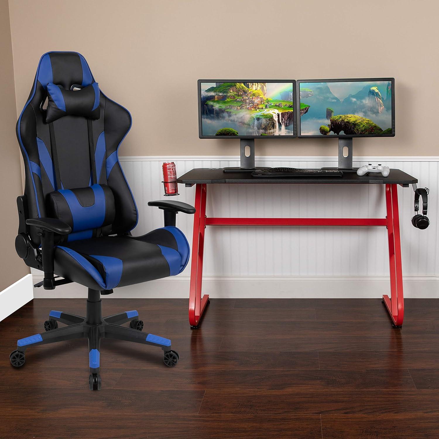 imageFlash Furniture Gaming Desk and Black Racing Chair SetCup HolderHeadphone HookRemovable Mouse Pad Top 2 Wire Management HolesBlue