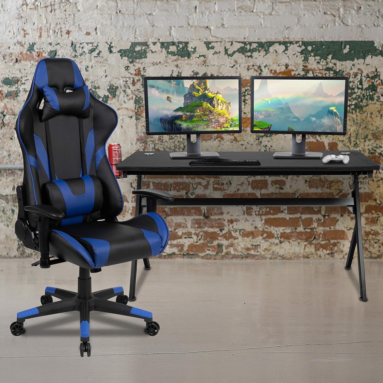 imageFlash Furniture Gaming Desk and Black Racing Chair SetCup HolderHeadphone HookRemovable Mouse Pad Top 2 Wire Management HolesBlue