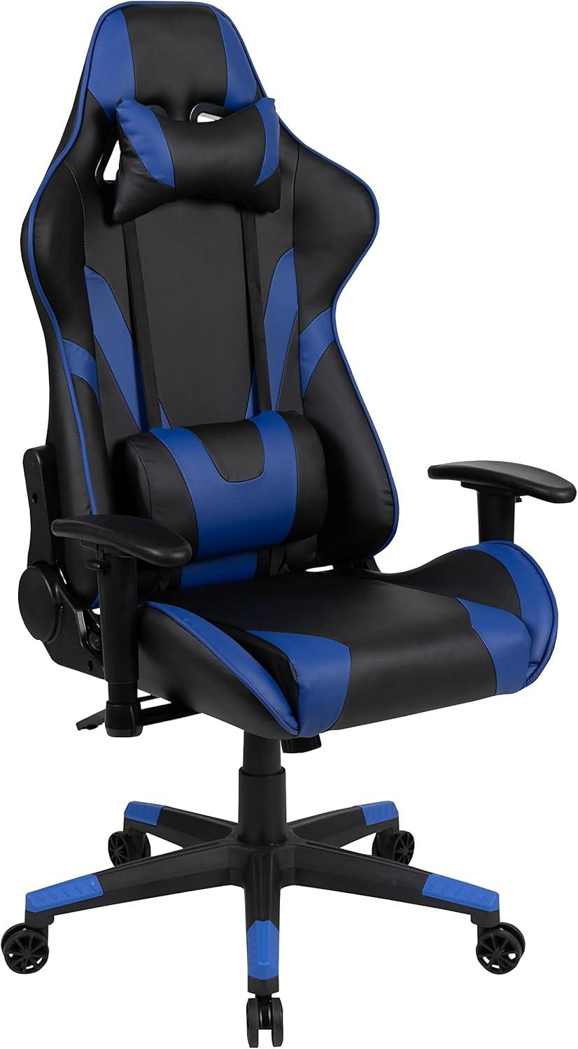 imageFlash Furniture Gaming Desk and Black Racing Chair SetCup HolderHeadphone HookRemovable Mouse Pad Top 2 Wire Management HolesBlue