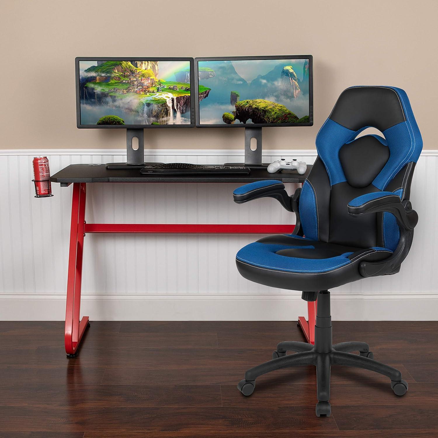 imageFlash Furniture Gaming Desk and Black Racing Chair SetCup HolderHeadphone HookRemovable Mouse Pad Top 2 Wire Management HolesBlue