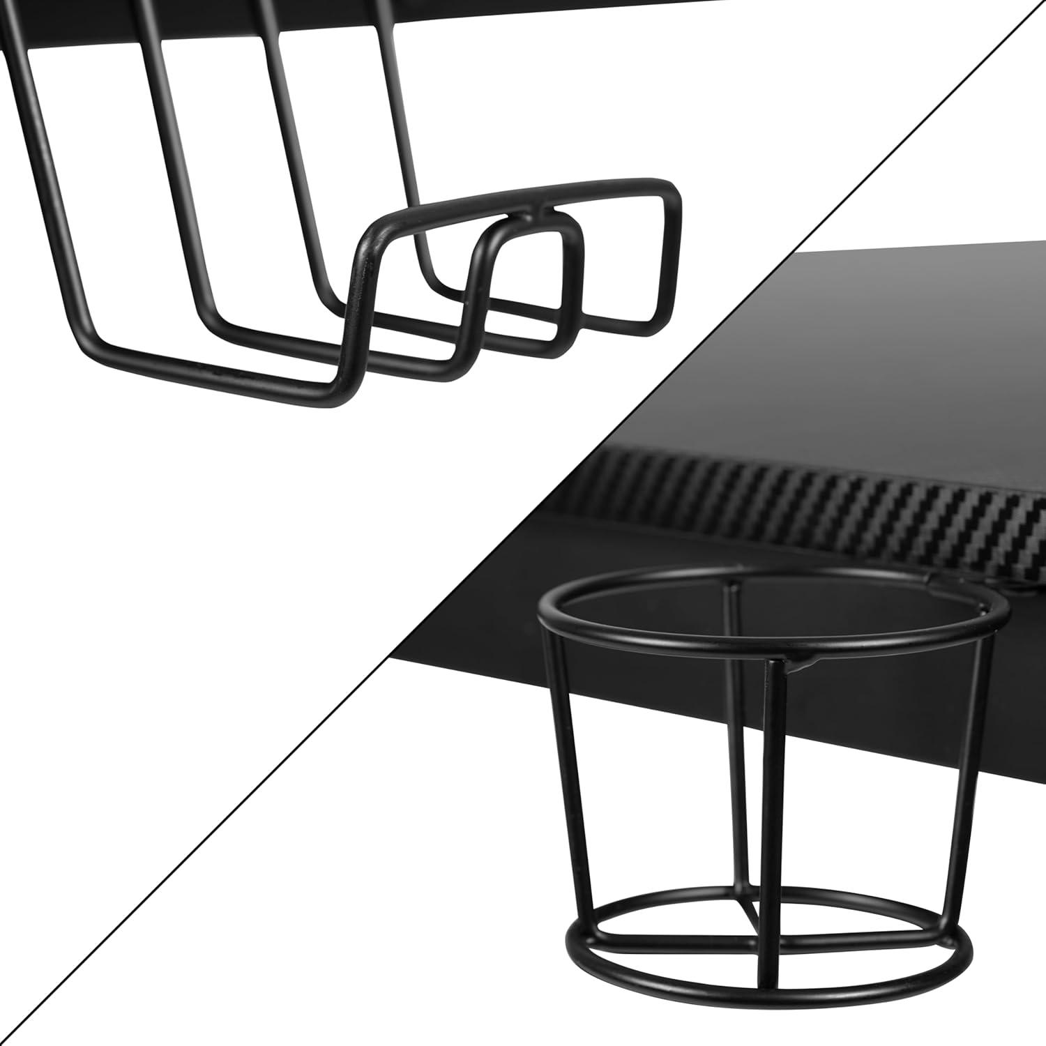imageFlash Furniture Gaming Desk and Black Racing Chair SetCup HolderHeadphone HookRemovable Mouse Pad Top 2 Wire Management HolesBlue