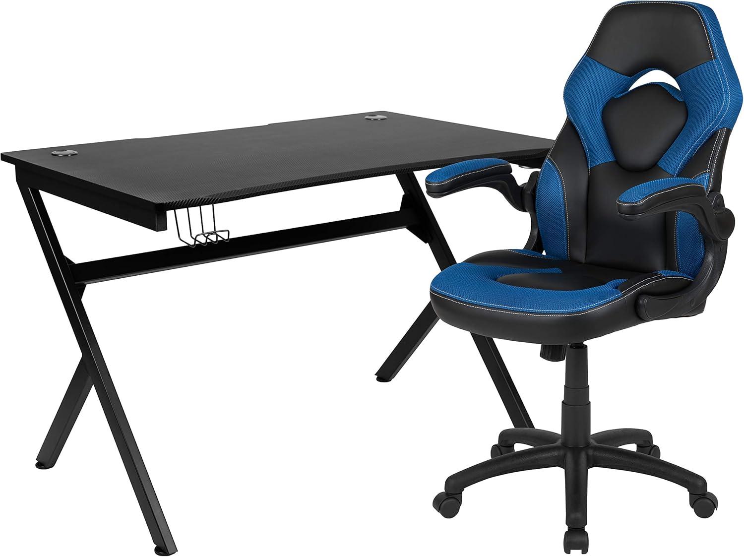 imageFlash Furniture Gaming Desk and Black Racing Chair SetCup HolderHeadphone HookRemovable Mouse Pad Top 2 Wire Management HolesBlue