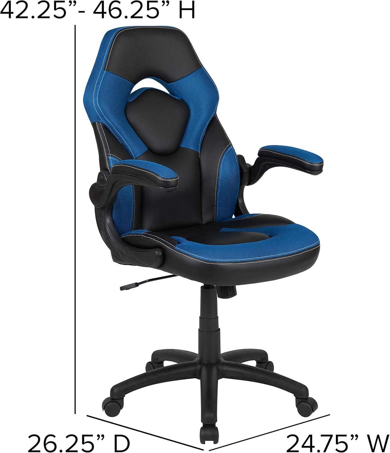 imageFlash Furniture Gaming Desk and Black Racing Chair SetCup HolderHeadphone HookRemovable Mouse Pad Top 2 Wire Management HolesBlue