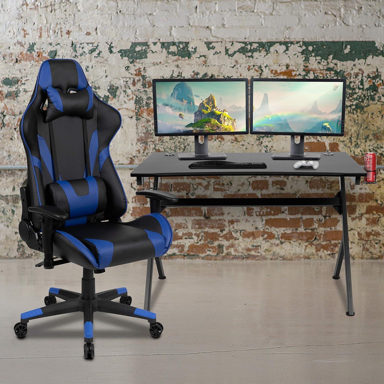 imageFlash Furniture Gaming Desk and Black Racing Chair SetCup HolderHeadphone HookRemovable Mouse Pad Top 2 Wire Management HolesBlue
