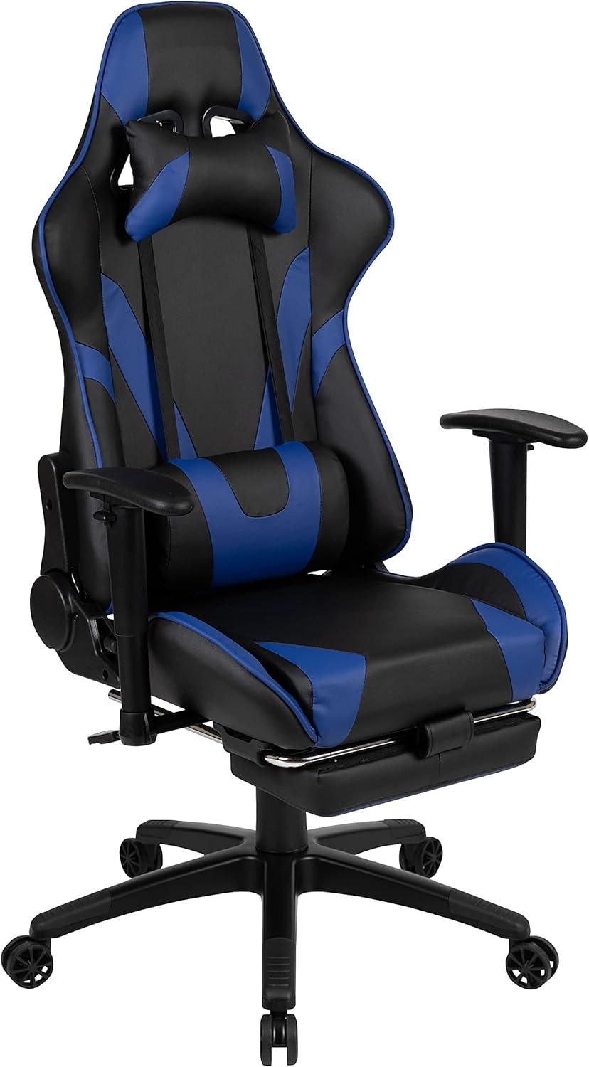 imageFlash Furniture Gaming Desk and Black Racing Chair SetCup HolderHeadphone HookRemovable Mouse Pad Top 2 Wire Management HolesBlue