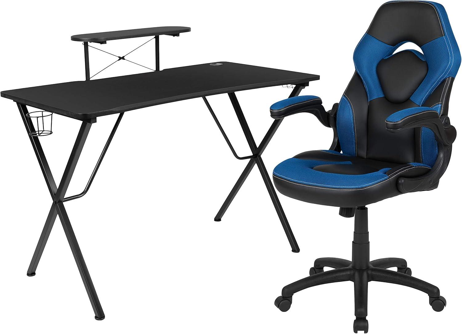 imageFlash Furniture Gaming Desk and Black Racing Chair SetCup HolderHeadphone HookRemovable Mouse Pad Top 2 Wire Management HolesBlue