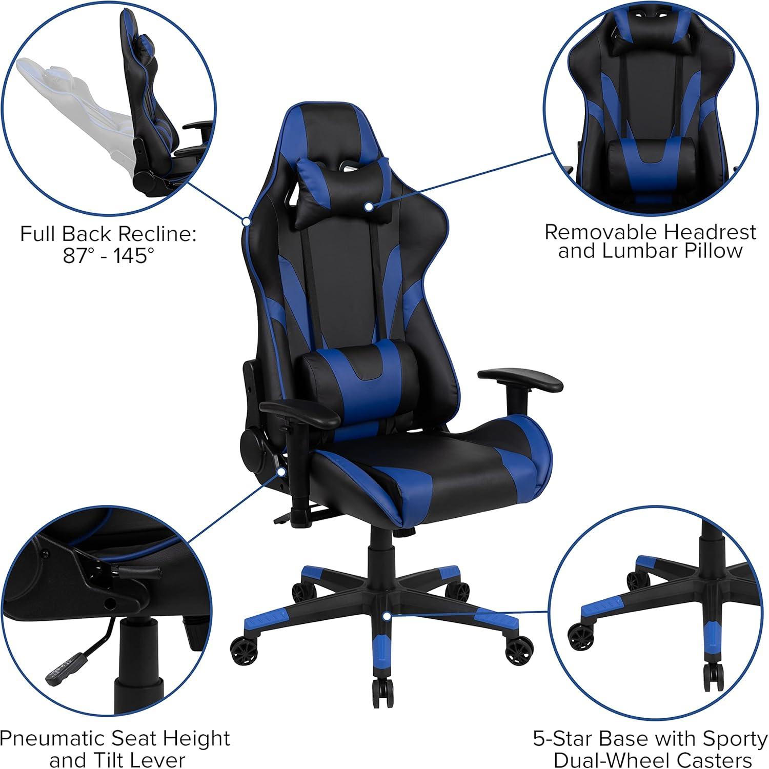 imageFlash Furniture Gaming Desk and Black Racing Chair SetCup HolderHeadphone HookRemovable Mouse Pad Top 2 Wire Management HolesBlue