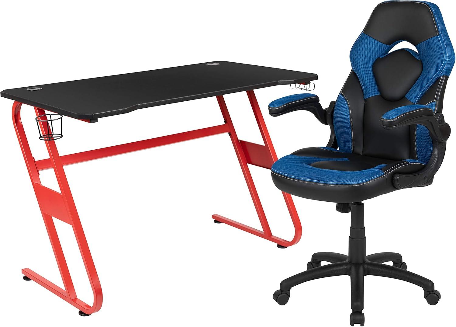 imageFlash Furniture Gaming Desk and Black Racing Chair SetCup HolderHeadphone HookRemovable Mouse Pad Top 2 Wire Management HolesBlue