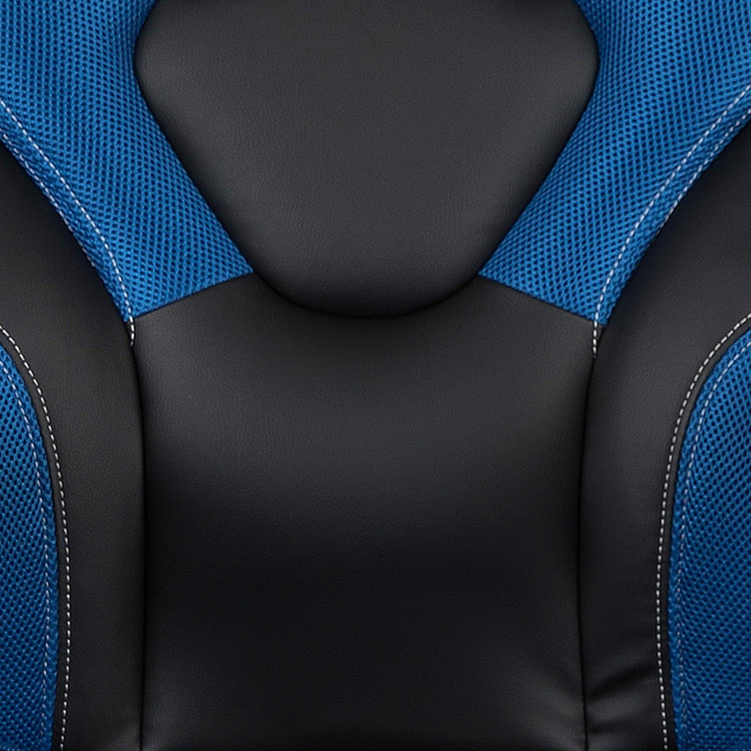 imageFlash Furniture Gaming Desk and Black Racing Chair SetCup HolderHeadphone HookRemovable Mouse Pad Top 2 Wire Management HolesBlue