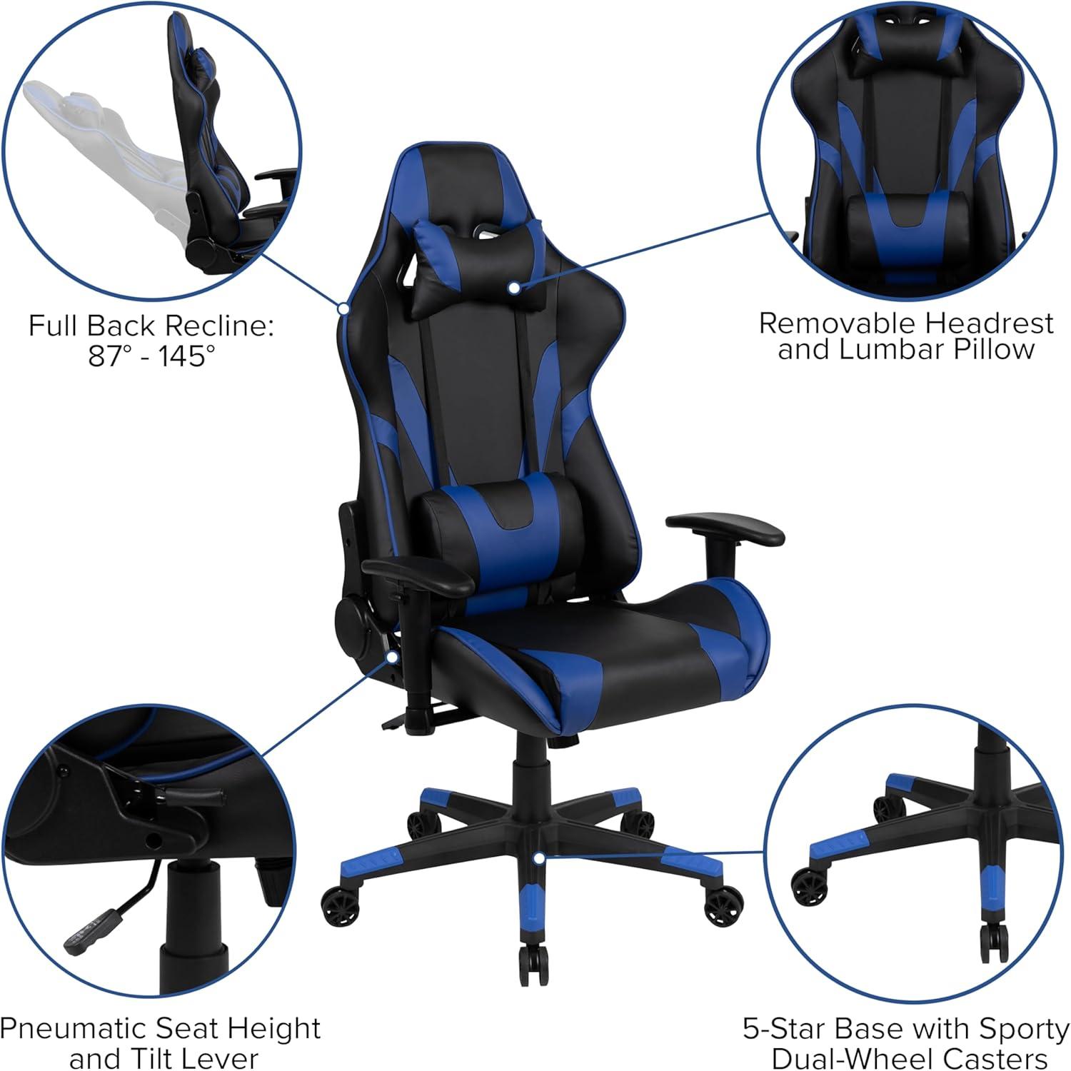 imageFlash Furniture Gaming Desk and Black Racing Chair SetCup HolderHeadphone HookRemovable Mouse Pad Top 2 Wire Management HolesBlue