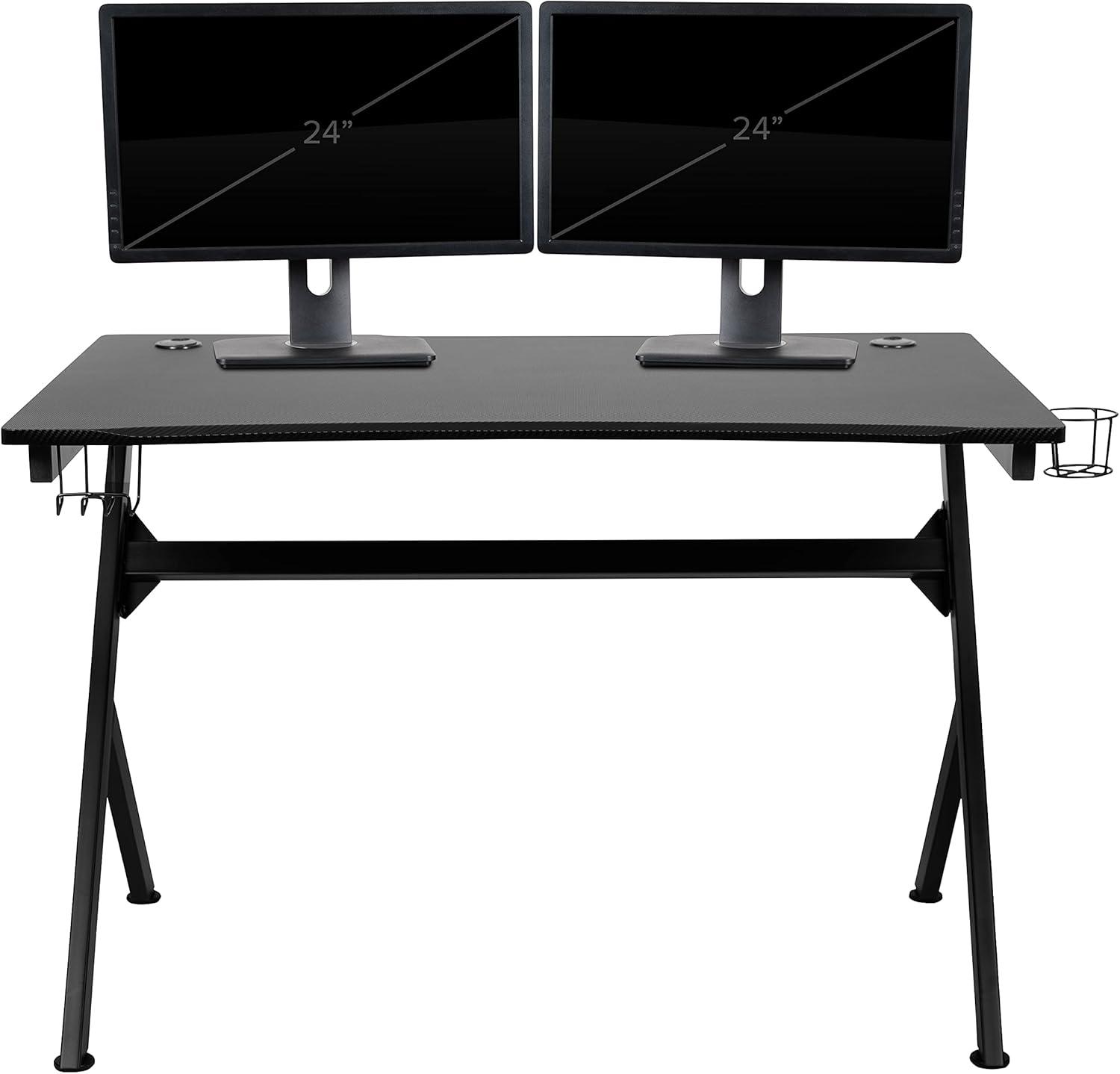 imageFlash Furniture Gaming Desk and Black Racing Chair SetCup HolderHeadphone HookRemovable Mouse Pad Top 2 Wire Management HolesBlue