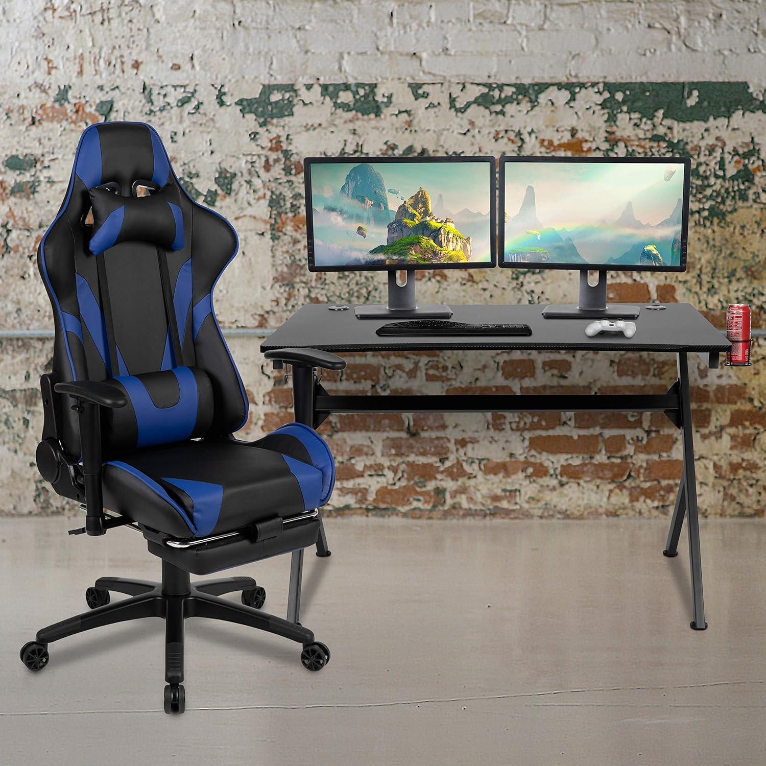 imageFlash Furniture Gaming Desk and Black Racing Chair SetCup HolderHeadphone HookRemovable Mouse Pad Top 2 Wire Management HolesBlue