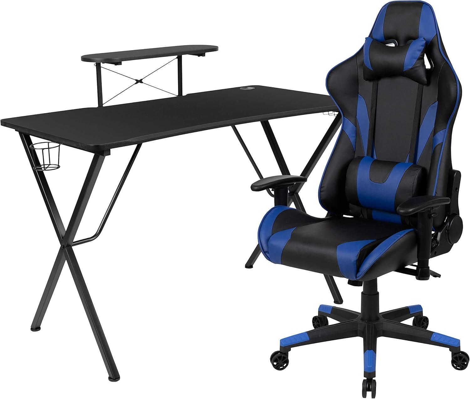 imageFlash Furniture Gaming Desk and Black Racing Chair SetCup HolderHeadphone HookRemovable Mouse Pad Top 2 Wire Management HolesBlue