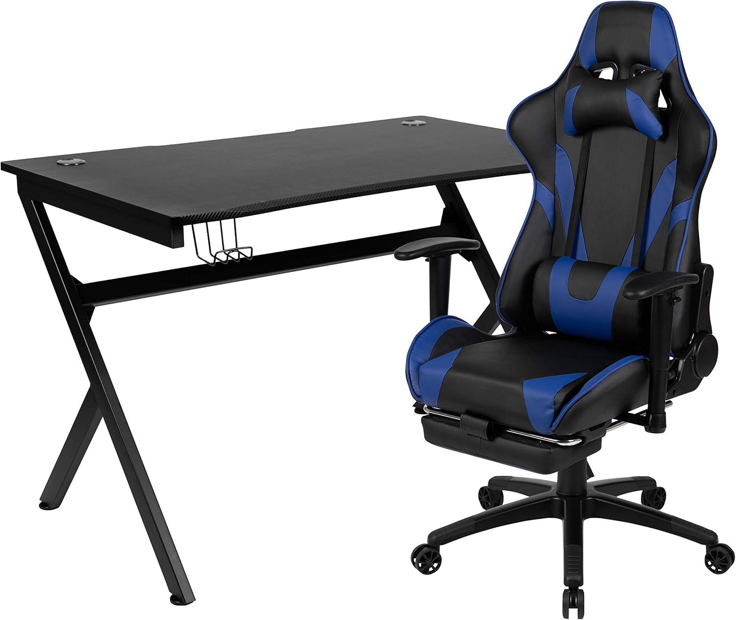 imageFlash Furniture Gaming Desk and Black Racing Chair SetCup HolderHeadphone HookRemovable Mouse Pad Top 2 Wire Management HolesBlue